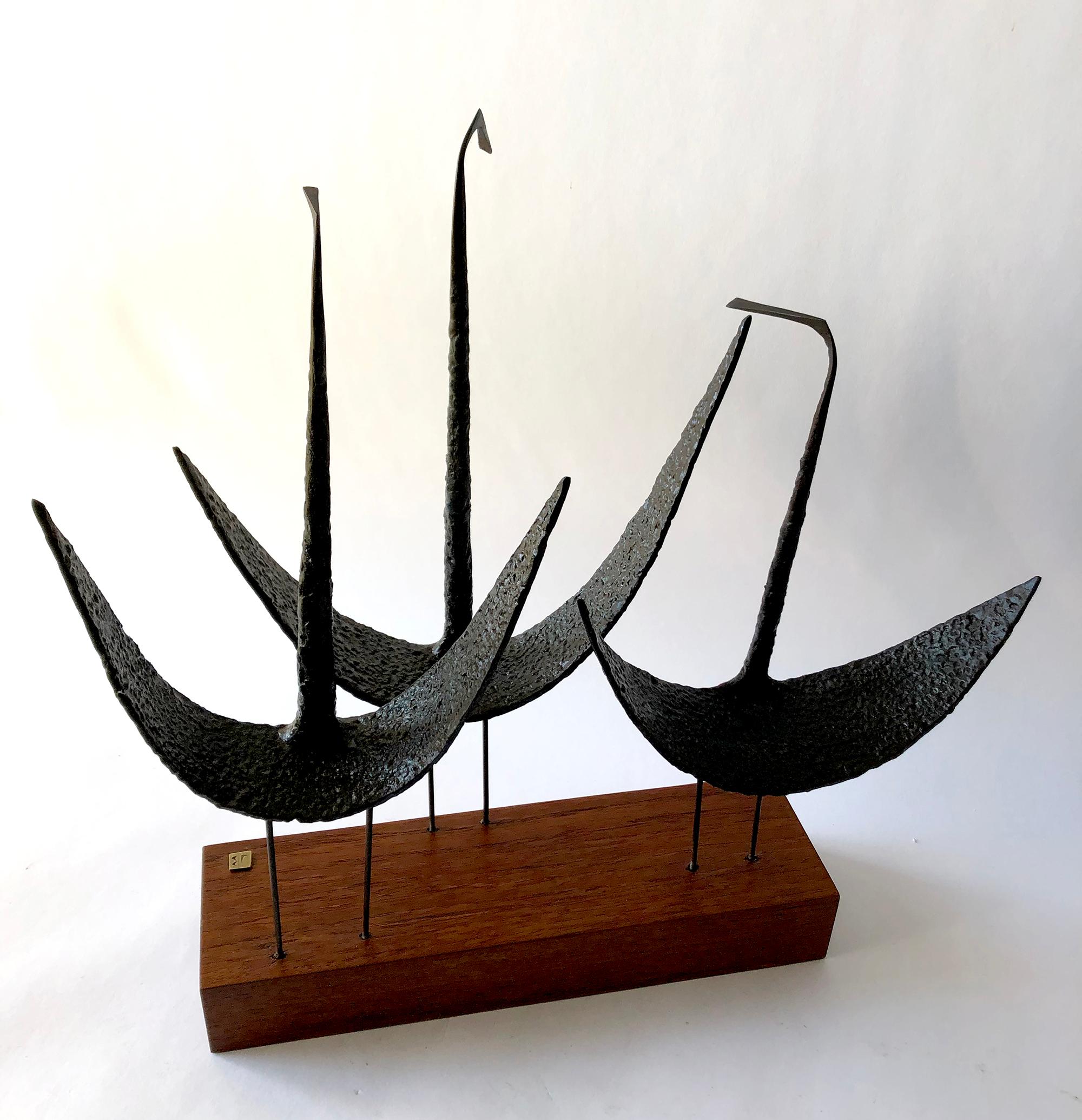 American Vintage 1960s Jack Boyd Iron Shorebirds Sculpture on Walnut Base