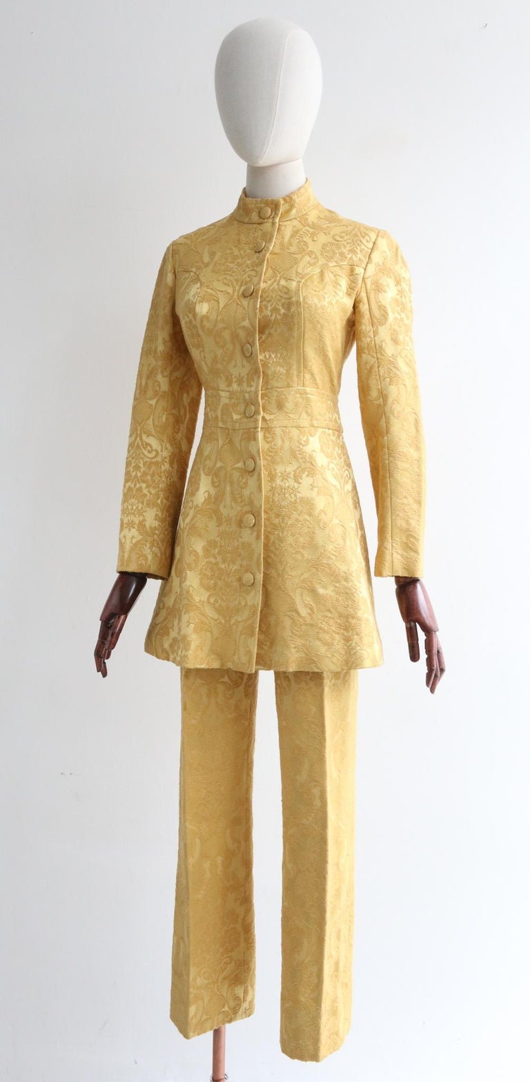 Women's or Men's Vintage 1960's Janice Wainwright Gold Brocade Suit sixties trouser suit UK 6  For Sale