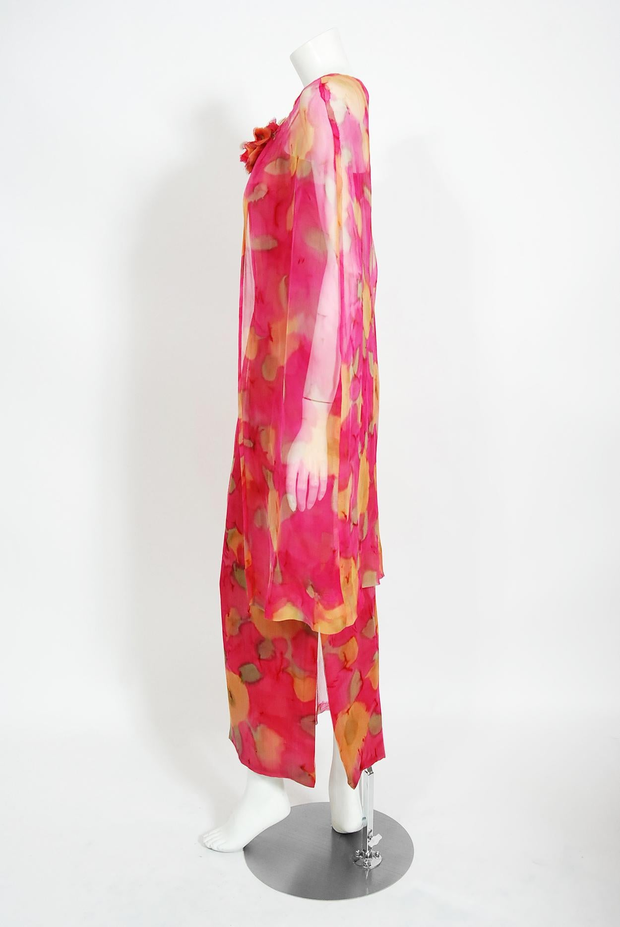 Vintage 1960's Jean LeFebure Couture Watercolor Floral Silk Chiffon Dress & Cape 5