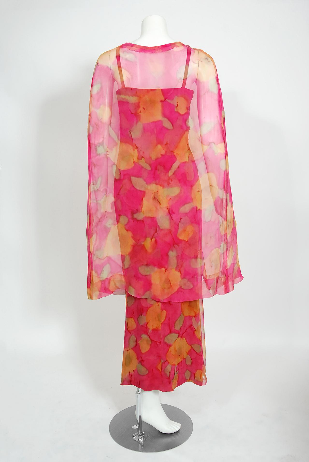 Vintage 1960's Jean LeFebure Couture Watercolor Floral Silk Chiffon Dress & Cape 8