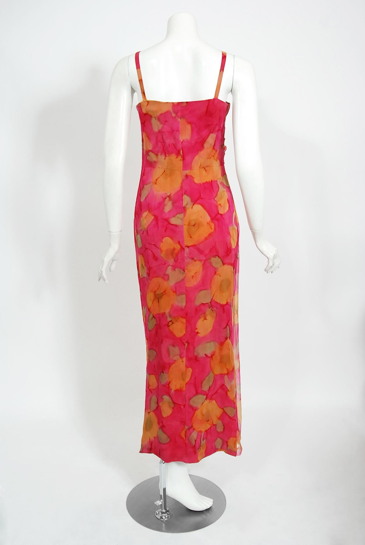 Vintage 1960's Jean LeFebure Couture Watercolor Floral Silk Chiffon Dress & Cape 9