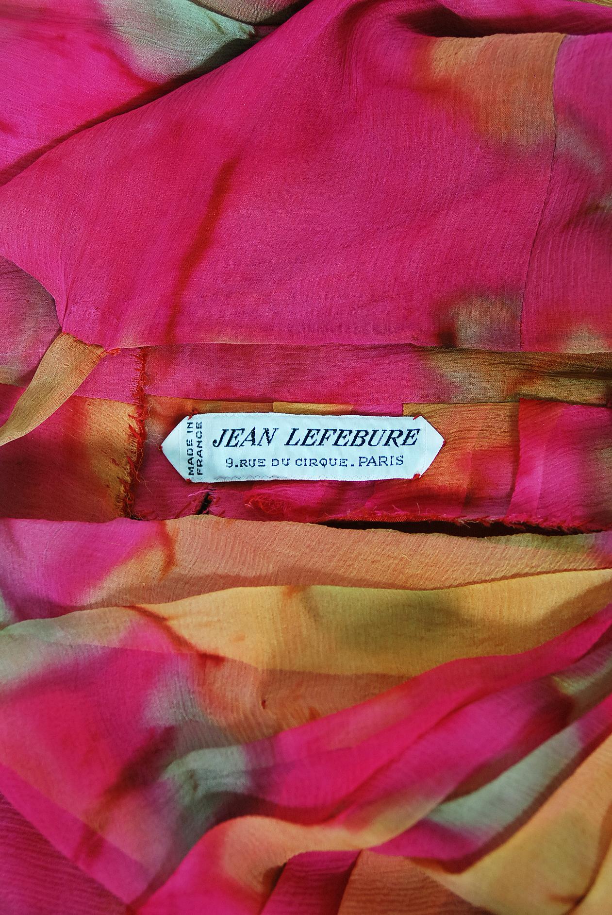 Vintage 1960's Jean LeFebure Couture Watercolor Floral Silk Chiffon Dress & Cape 10