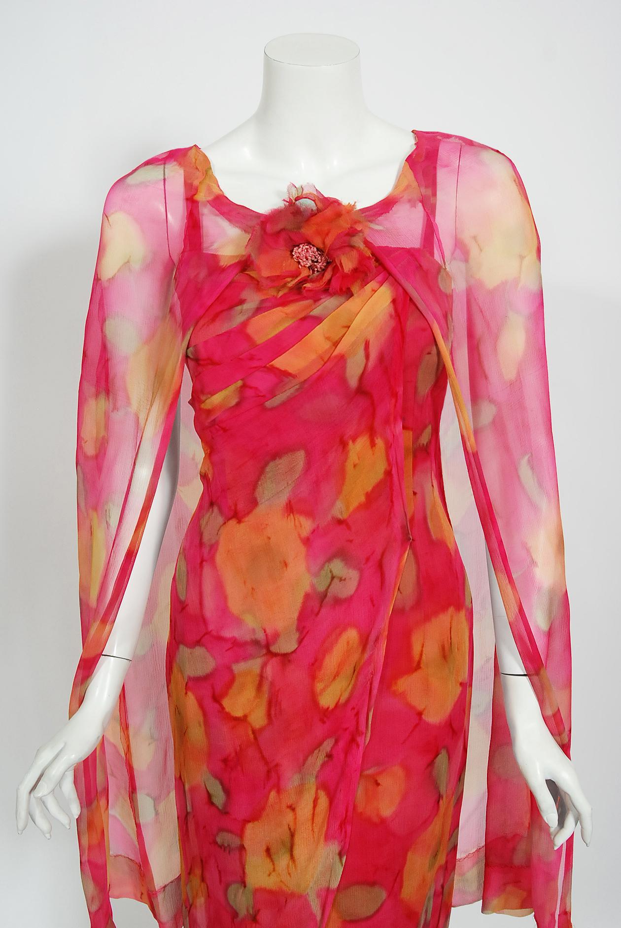 Red Vintage 1960's Jean LeFebure Couture Watercolor Floral Silk Chiffon Dress & Cape