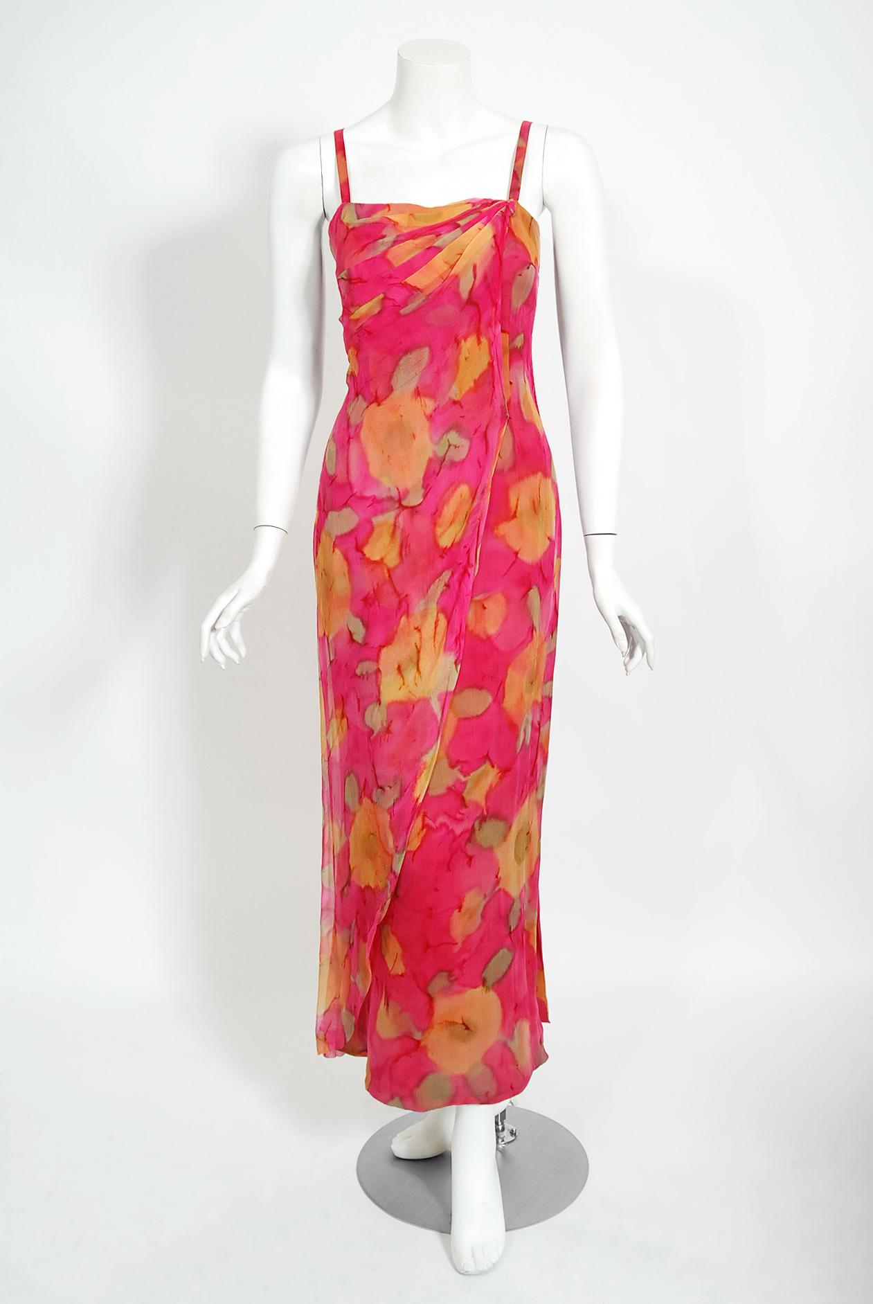 De las mujeres Vintage 1960's Jean LeFebure Couture Vestido y Capa de Gasa de Seda Floral Acuarela