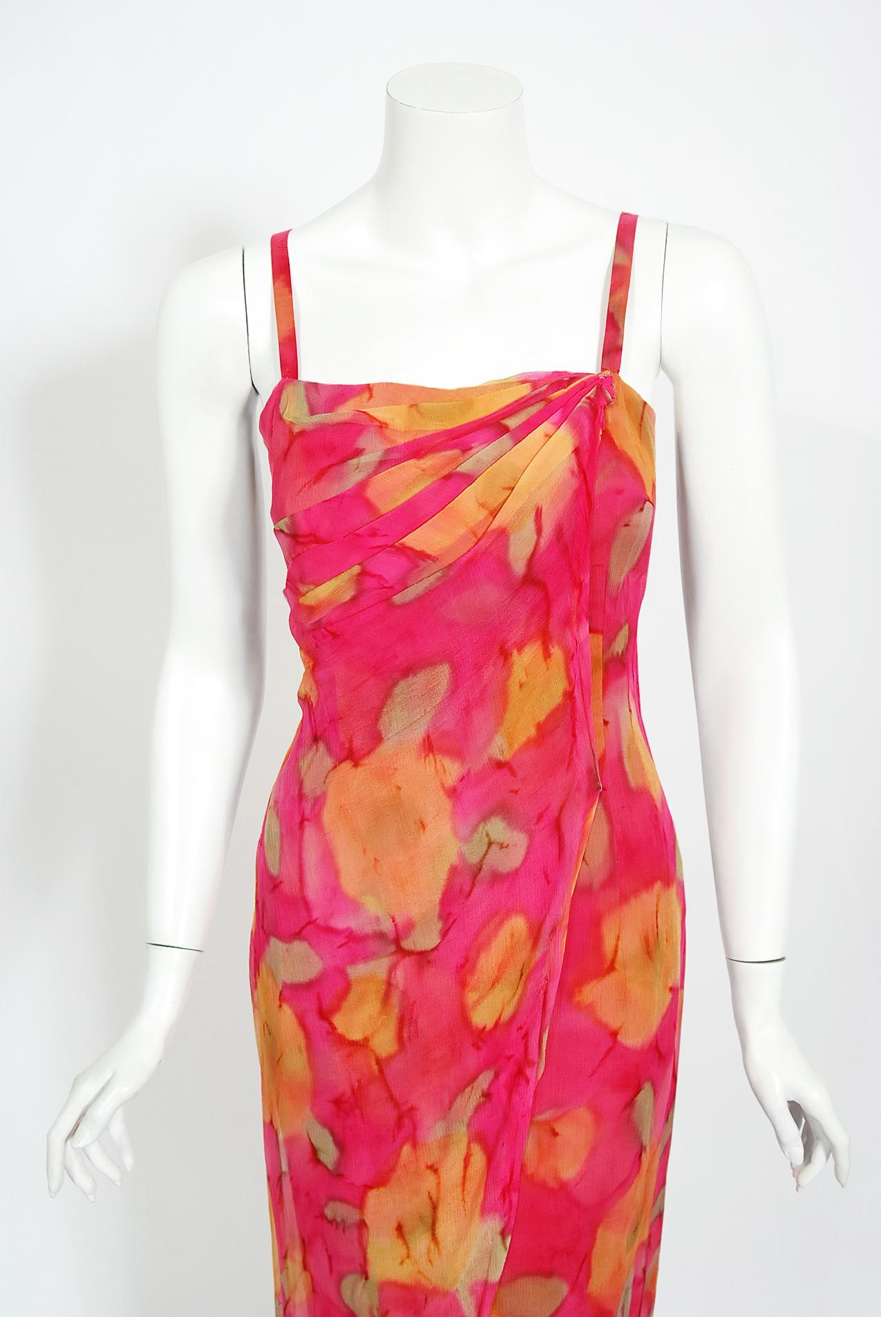Vintage 1960's Jean LeFebure Couture Watercolor Floral Silk Chiffon Dress & Cape 1