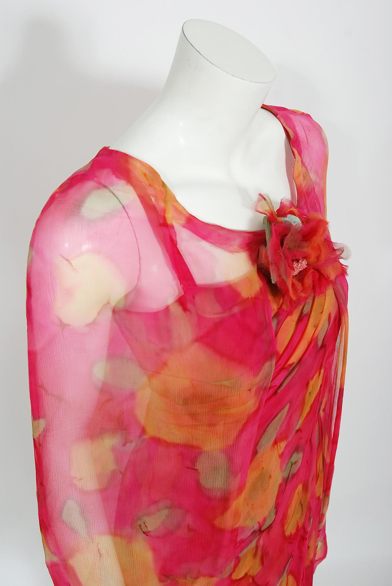 Vintage 1960's Jean LeFebure Couture Watercolor Floral Silk Chiffon Dress & Cape 3