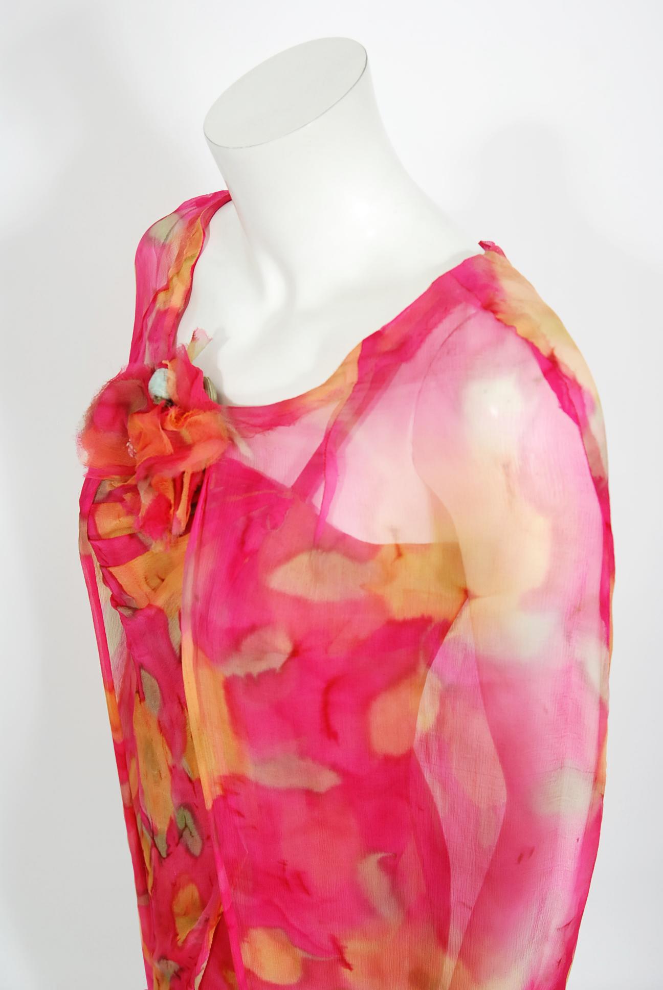 Vintage 1960's Jean LeFebure Couture Watercolor Floral Silk Chiffon Dress & Cape 4