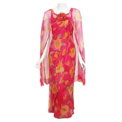 Vintage 1960's Jean LeFebure Couture Watercolor Floral Silk Chiffon Dress & Cape