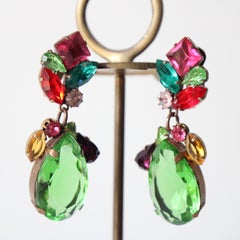 Vintage 1960's jewel toned rhinestone droplet clip on earrings statement clip on