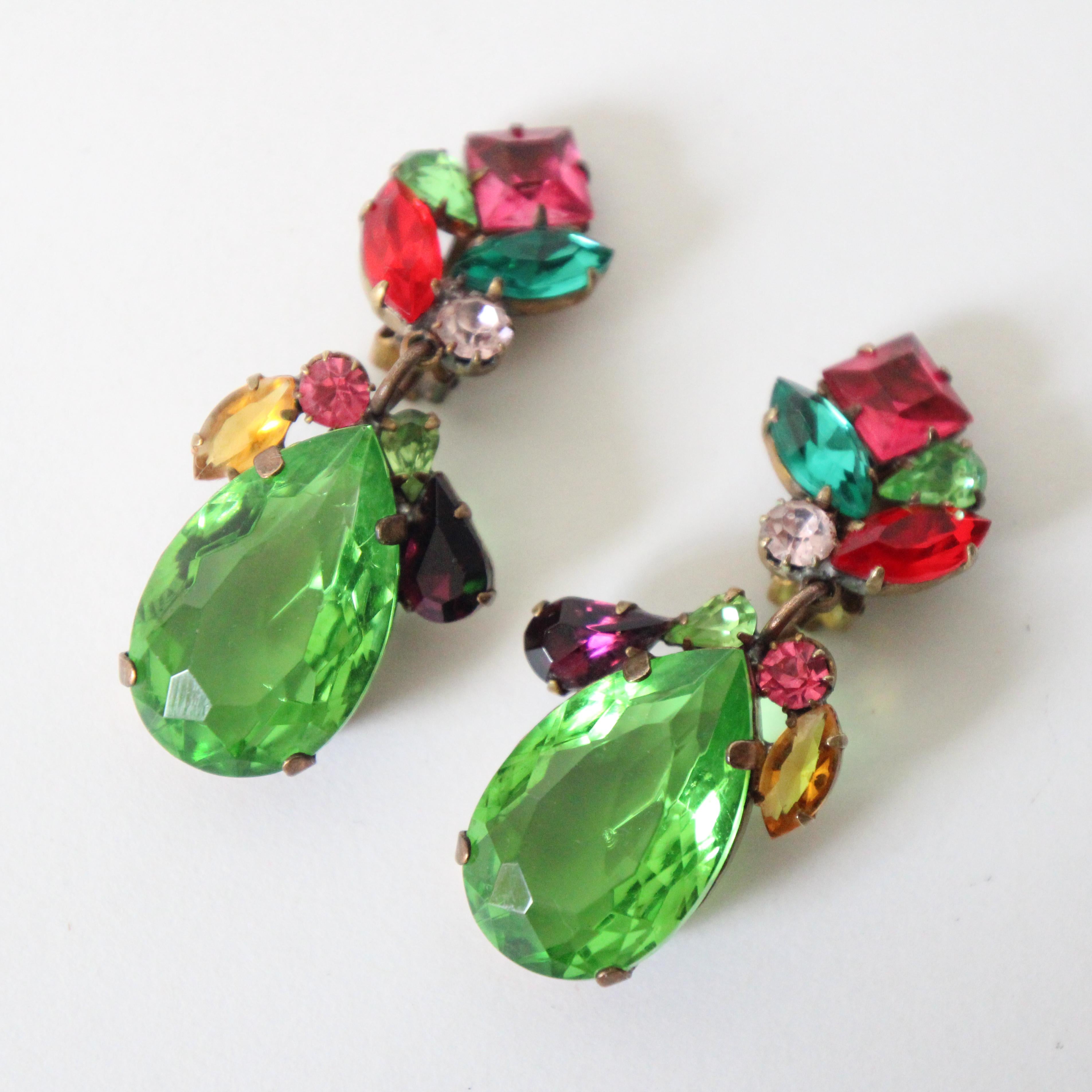 Art Deco Vintage 1960's jewel toned rhinestone droplet clip on earrings statement clip on