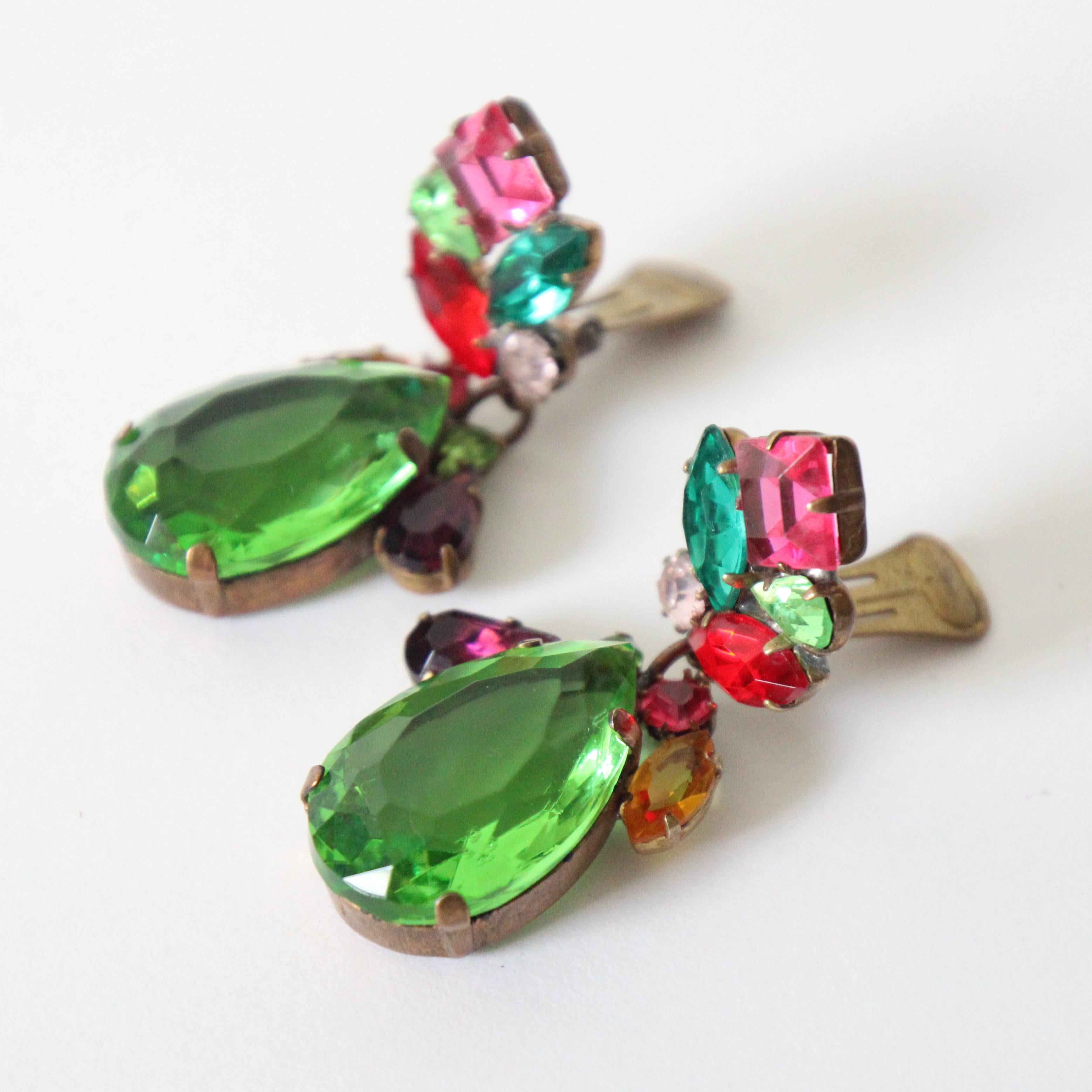 Vintage 1960's jewel toned rhinestone droplet clip on earrings statement clip on In Good Condition In Cheltenham, GB