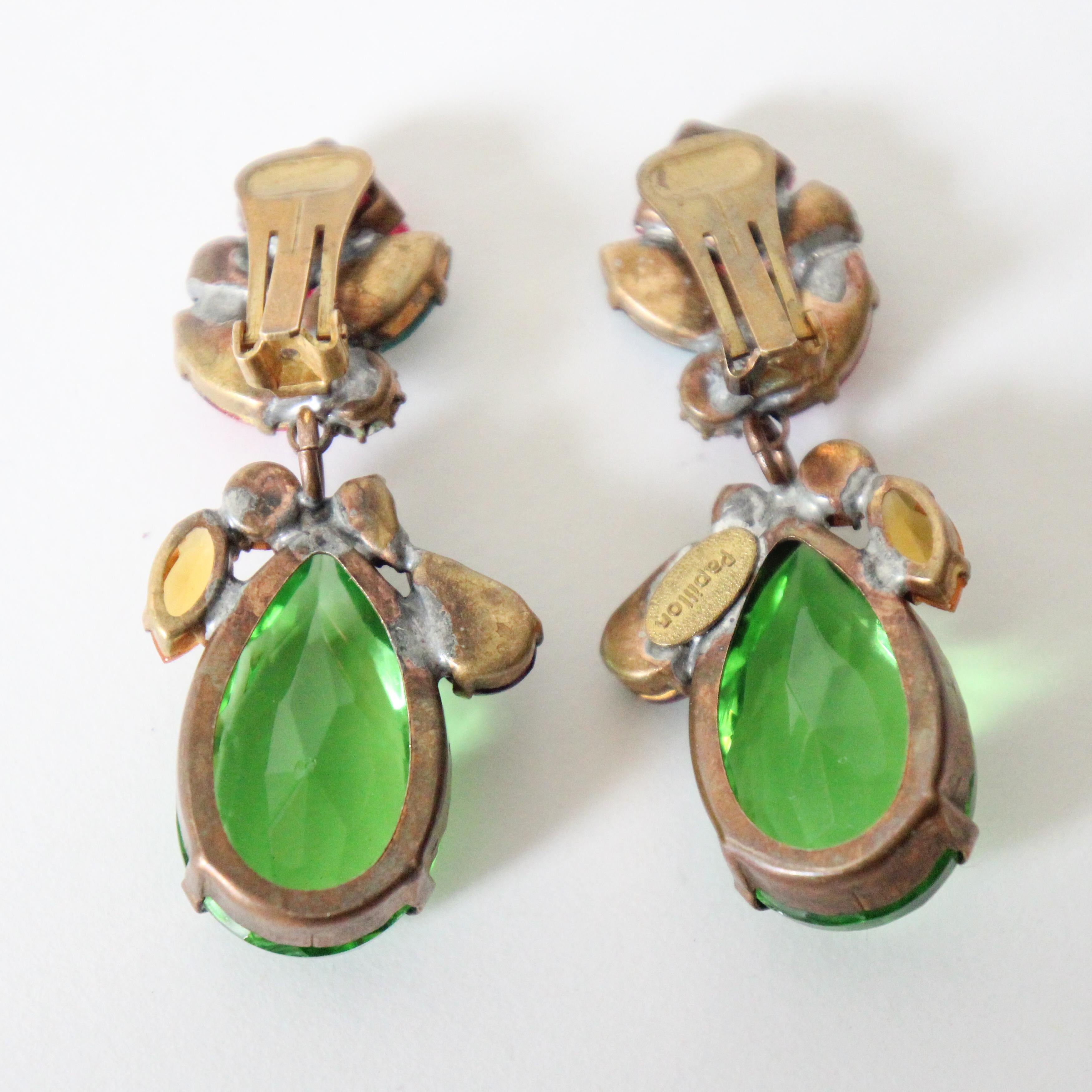 Women's or Men's Vintage 1960's jewel toned rhinestone droplet clip on earrings statement clip on