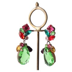 Vintage 1960's jewel toned rhinestone droplet clip on earrings statement clip on