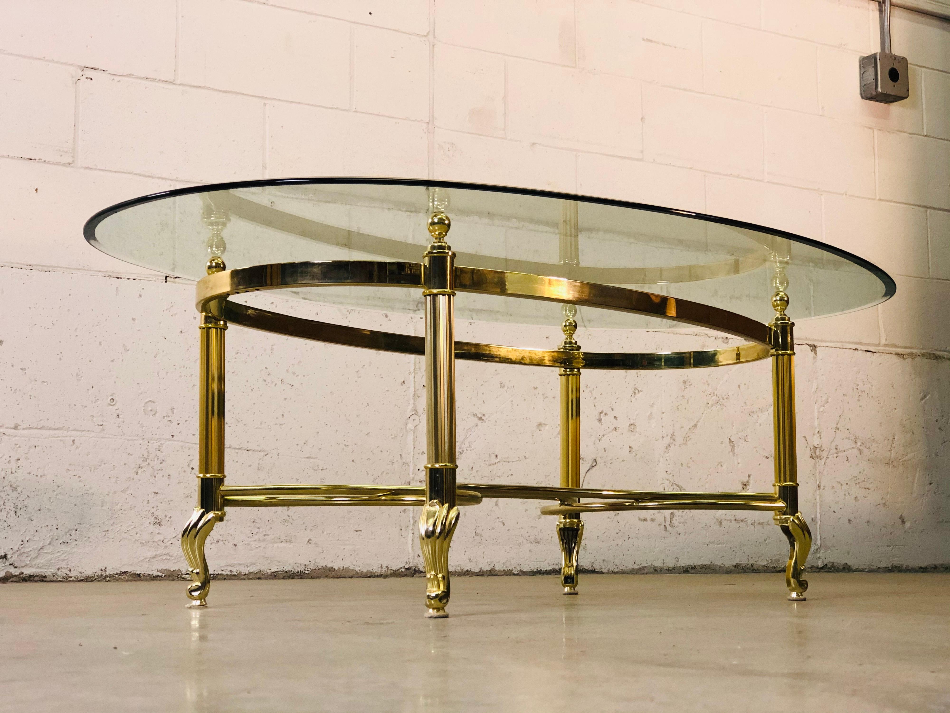 Vintage 1960s Labarge Scroll Brass & Glass Top Coffee Table In Good Condition In Amherst, NH