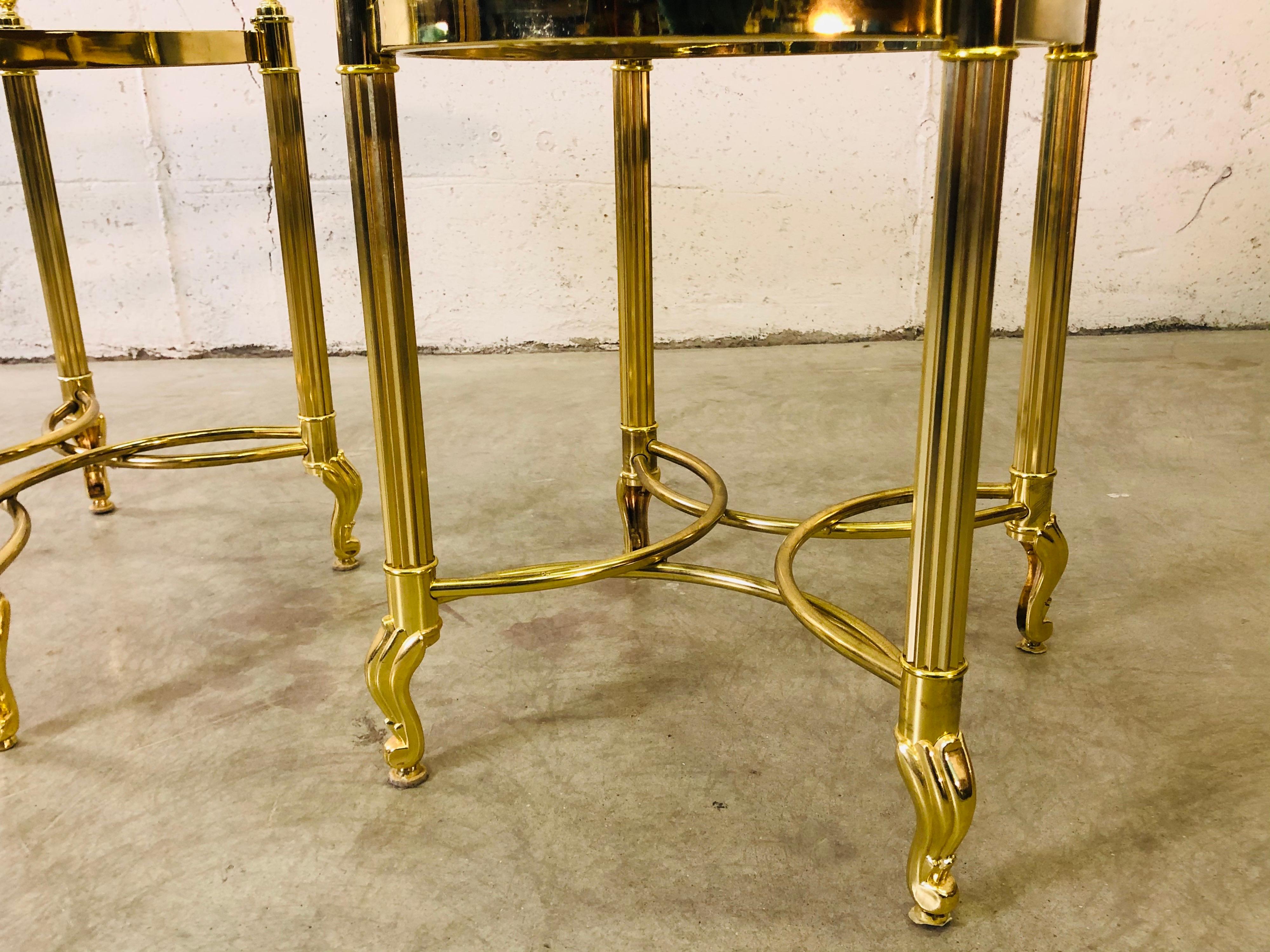 Mid-Century Modern Vintage 1960s LaBarge Scroll Brass & Glass Top Side Tables, Pair For Sale