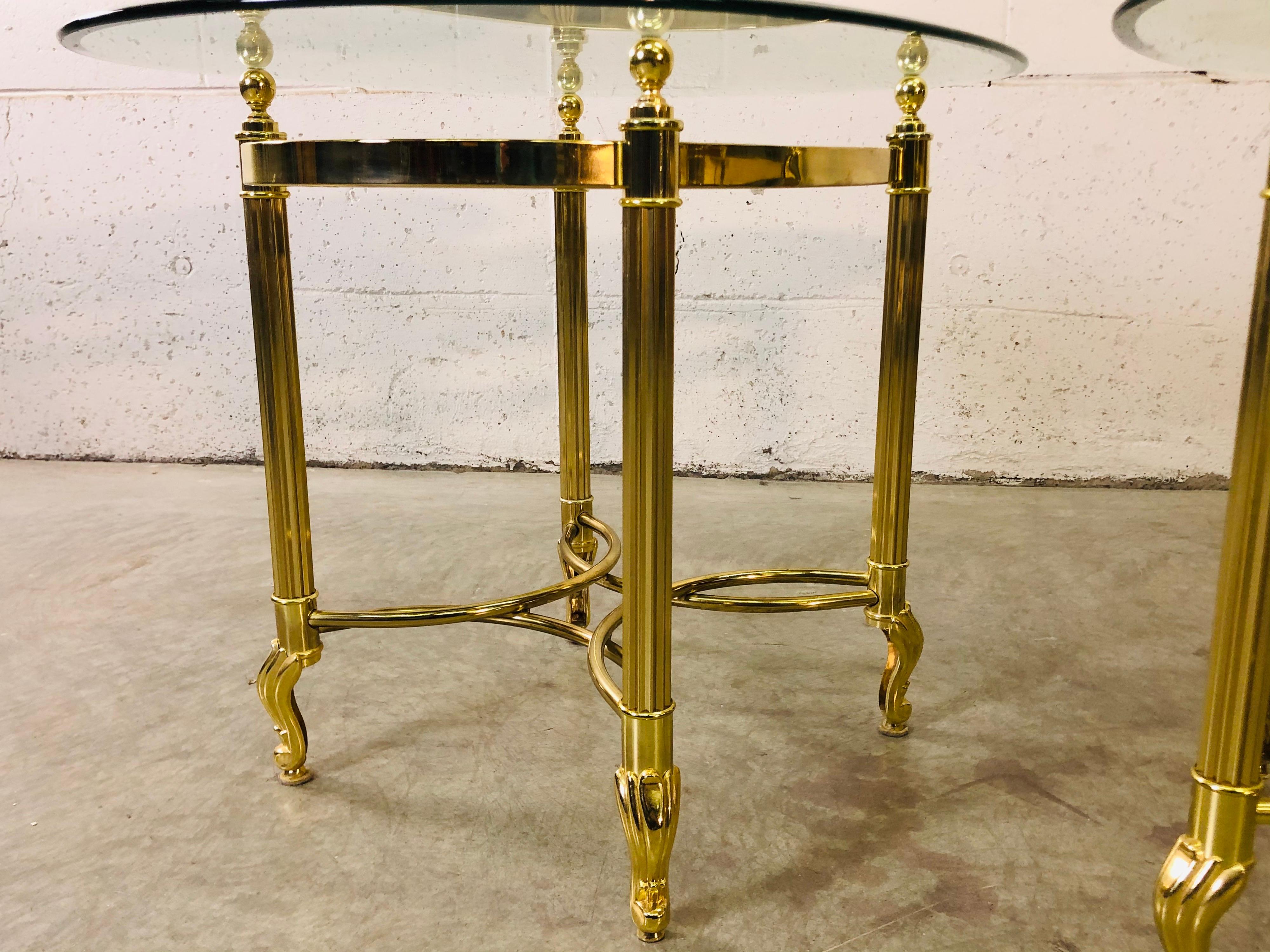 Vintage 1960s LaBarge Scroll Brass & Glass Top Side Tables, Pair In Good Condition For Sale In Amherst, NH