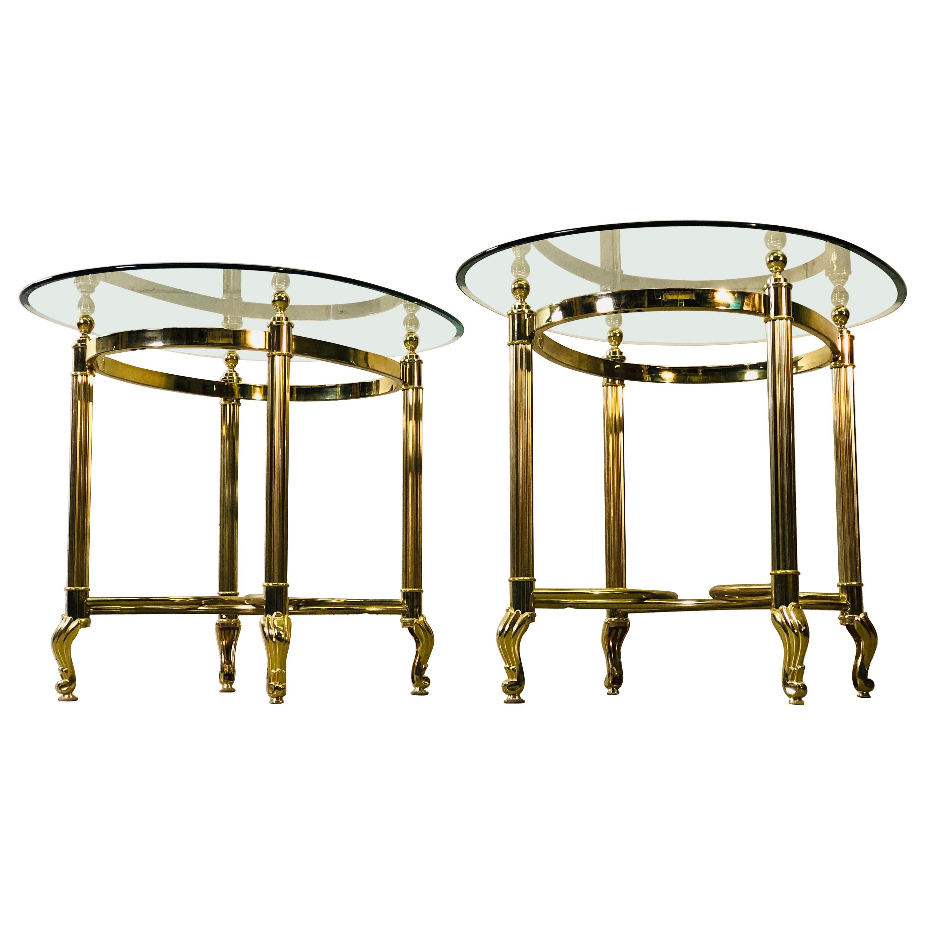 Vintage 1960s LaBarge Scroll Brass & Glass Top Side Tables, Pair For Sale
