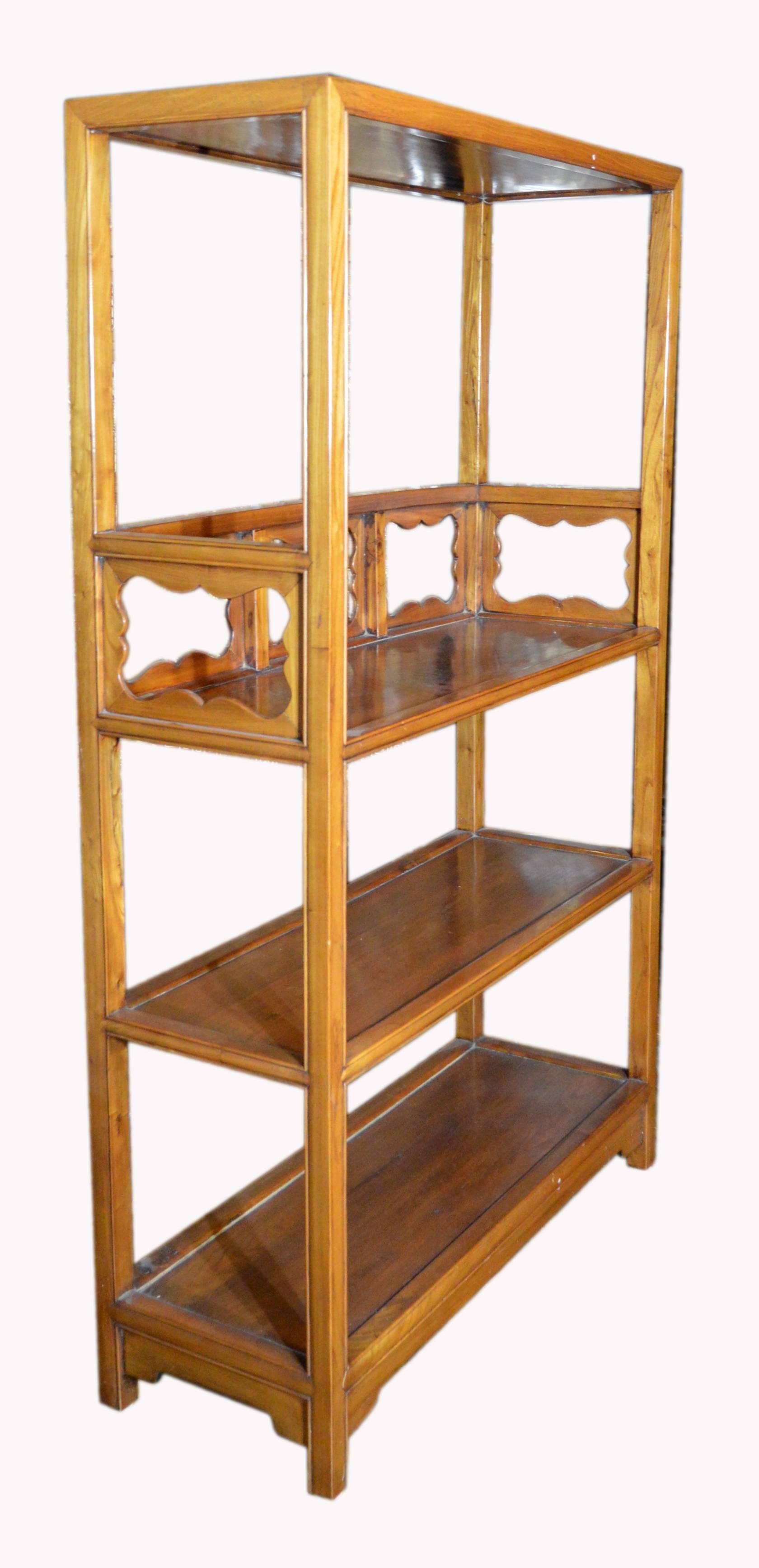 Vintage 1960s Lacquered Yumu Wood Chinese Bookcase with Hand-Carved Medallions In Good Condition For Sale In Yonkers, NY