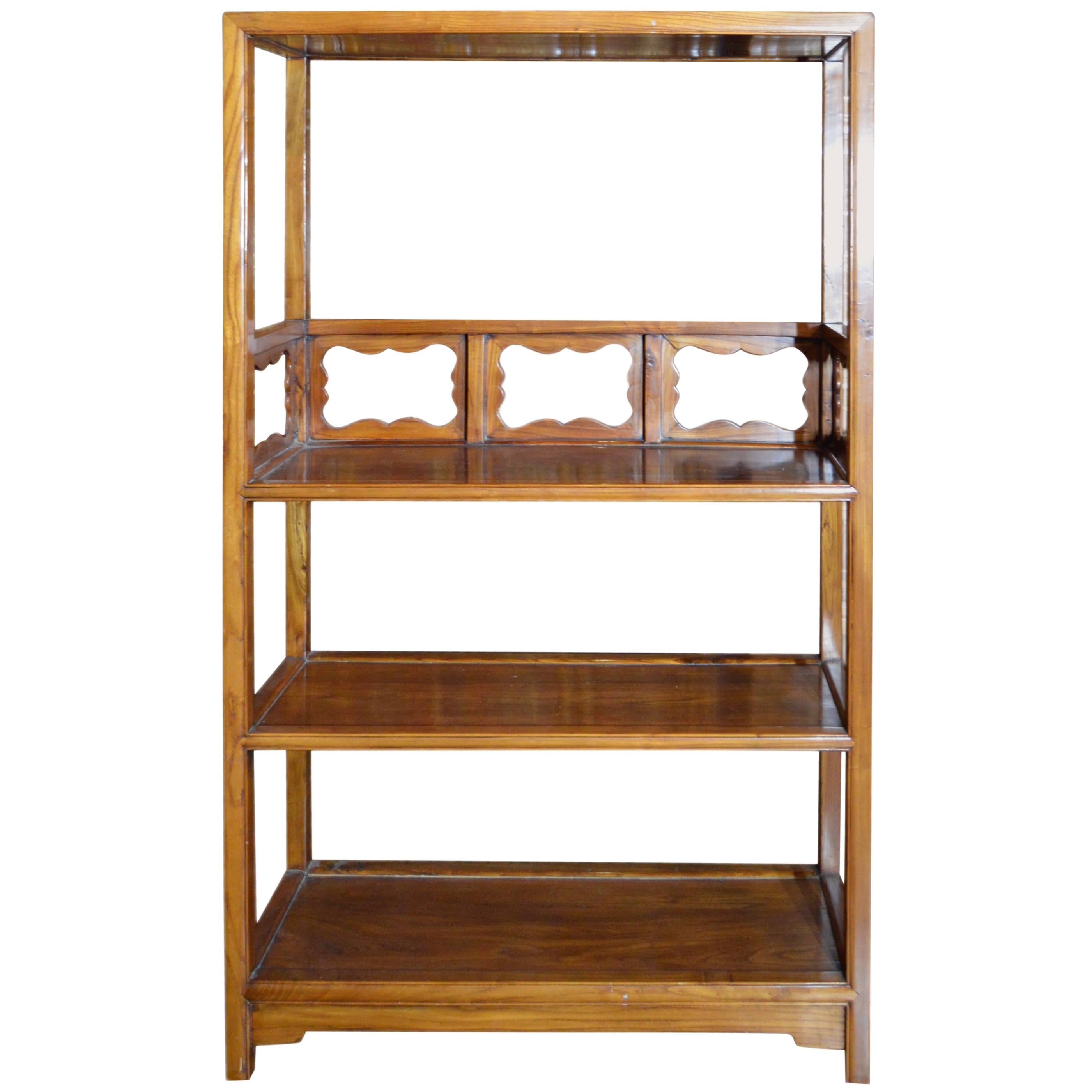 Vintage 1960s Lacquered Yumu Wood Chinese Bookcase with Hand-Carved Medallions For Sale