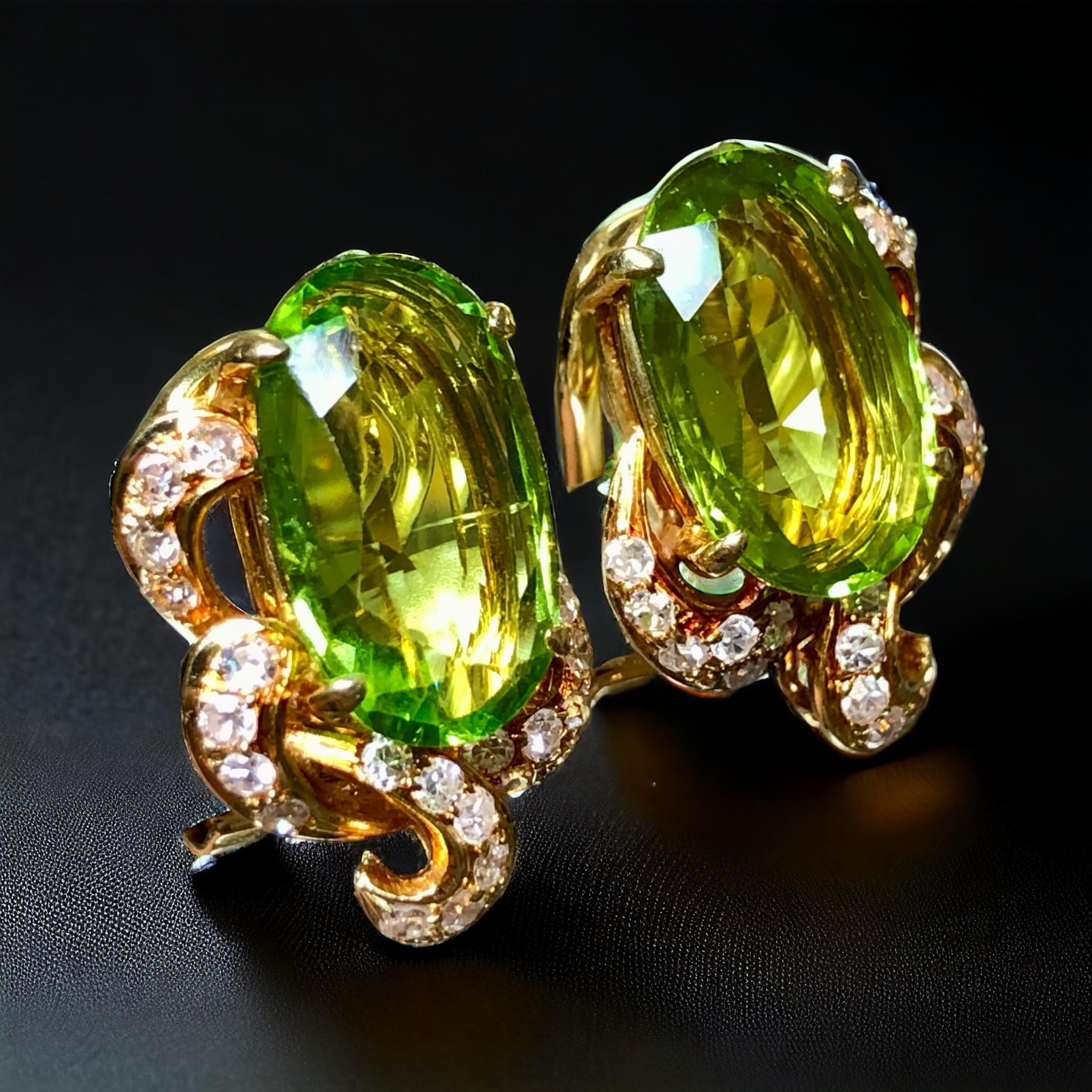 Vintage 1960’s Large Oval Peridot Diamond Huggie Omega Back Earrings 10.40cttw For Sale 4