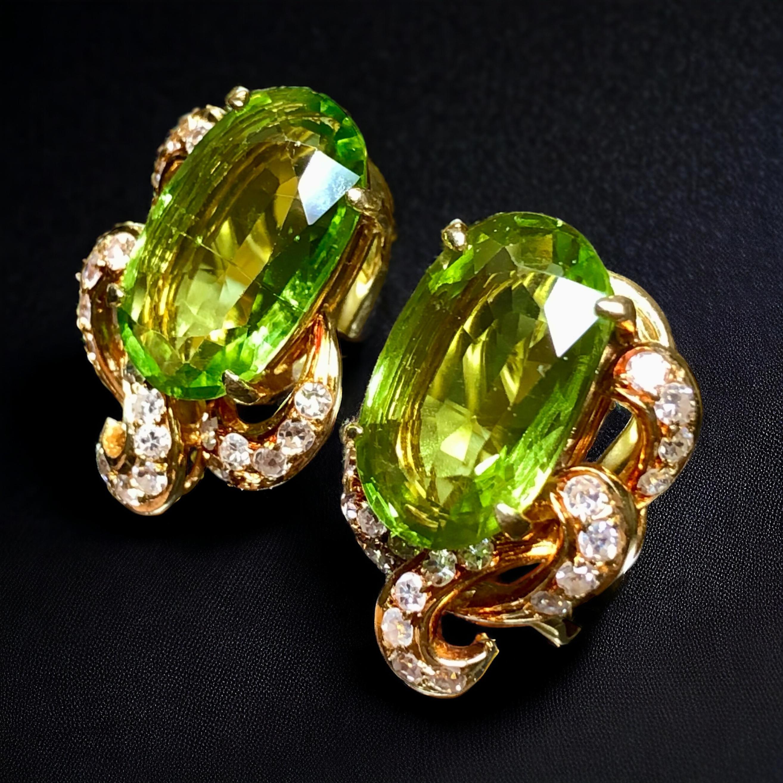 Vintage 1960’s Large Oval Peridot Diamond Huggie Omega Back Earrings 10.40cttw For Sale 5