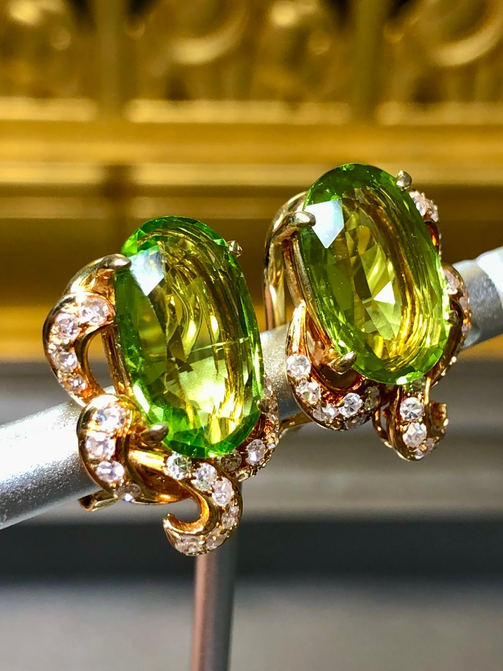 Retro Vintage 1960’s Large Oval Peridot Diamond Huggie Omega Back Earrings 10.40cttw For Sale