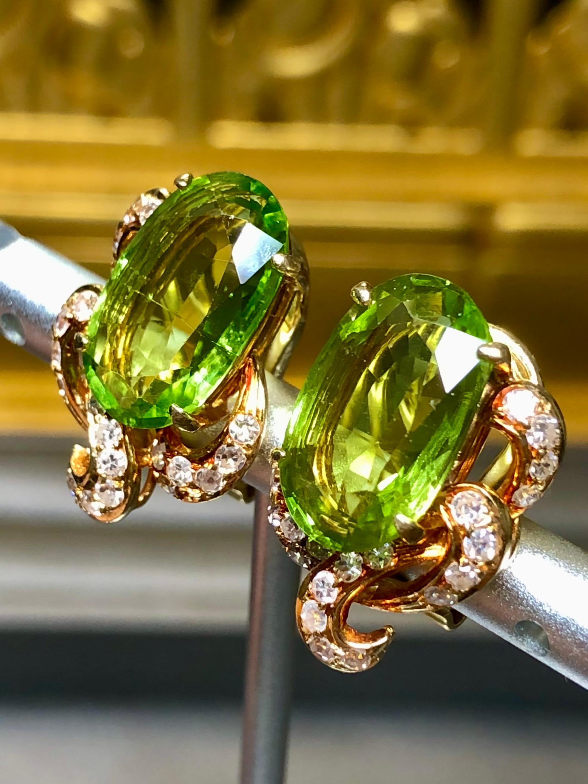 Oval Cut Vintage 1960’s Large Oval Peridot Diamond Huggie Omega Back Earrings 10.40cttw For Sale