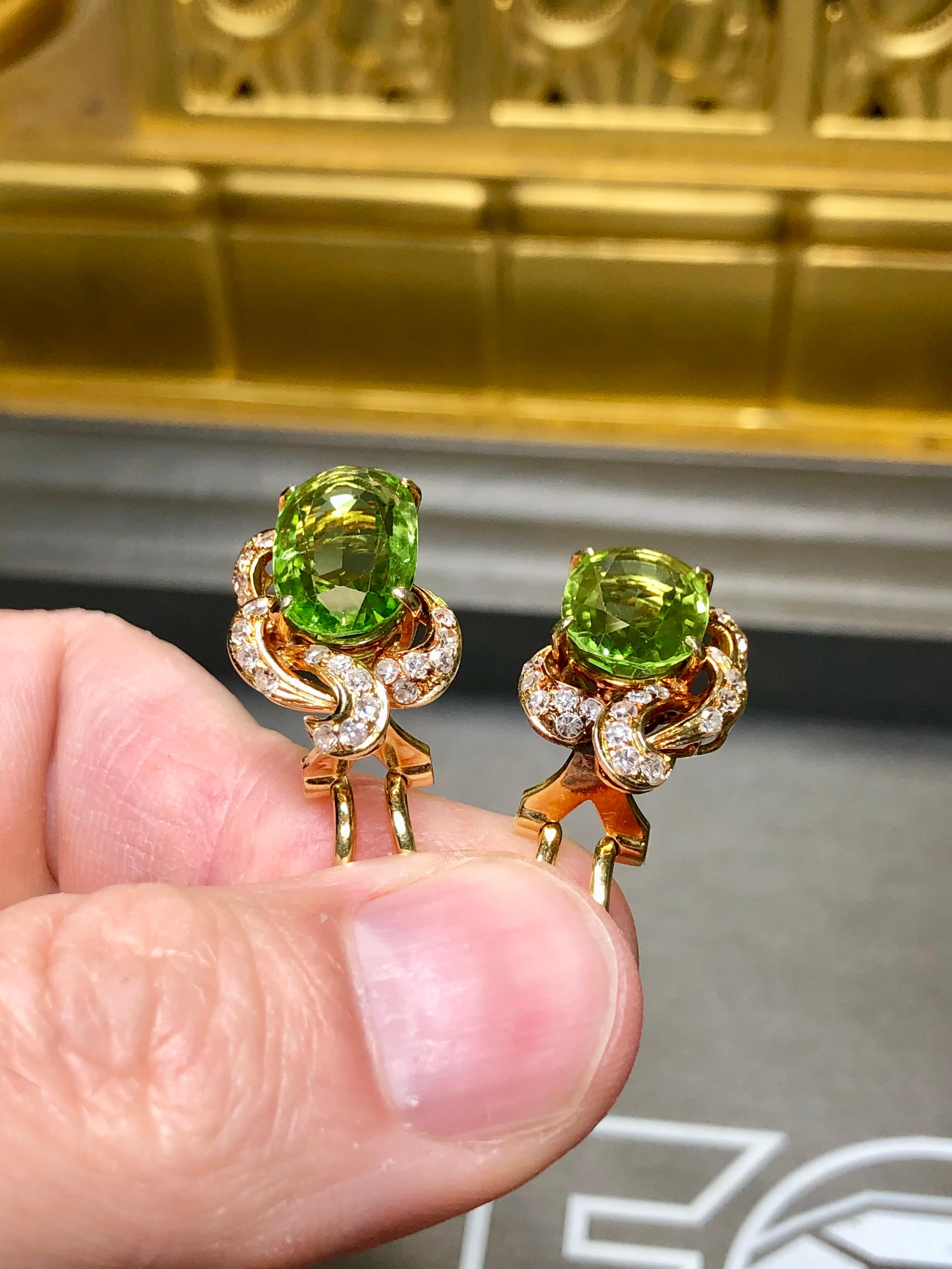 Vintage 1960’s Large Oval Peridot Diamond Huggie Omega Back Earrings 10.40cttw For Sale 1
