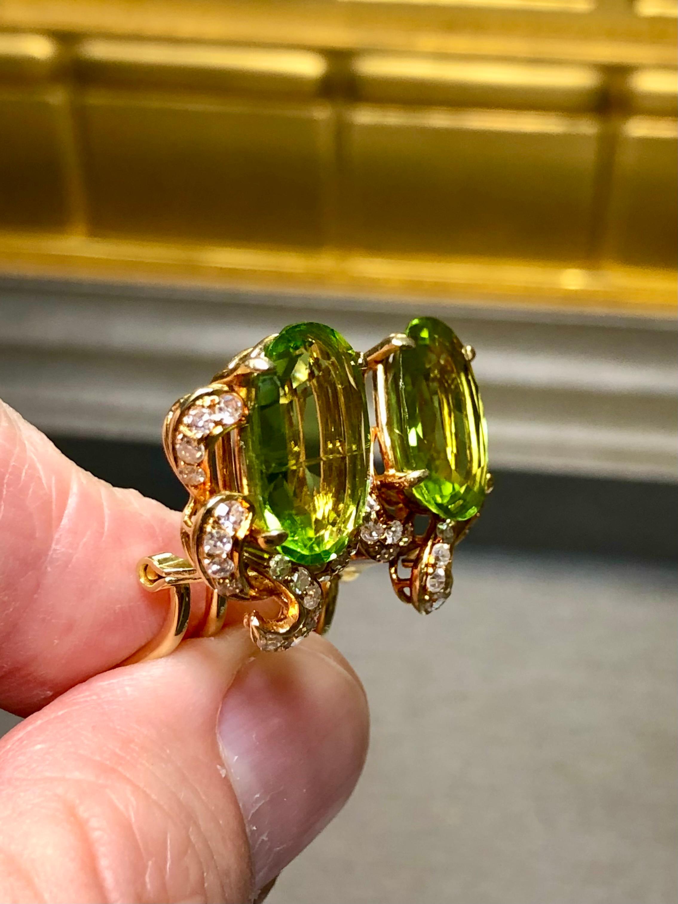 Vintage 1960’s Large Oval Peridot Diamond Huggie Omega Back Earrings 10.40cttw For Sale 2