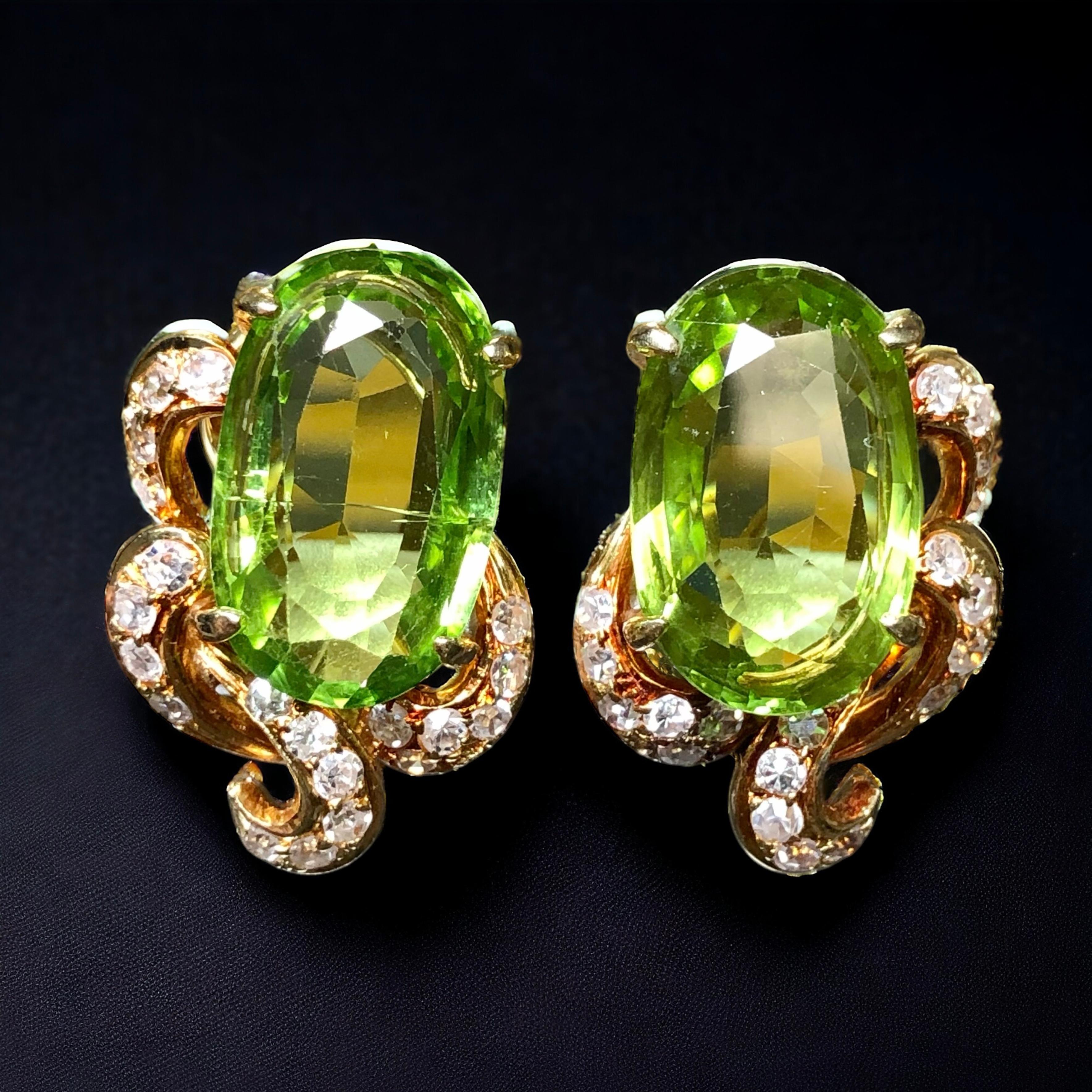 Vintage 1960’s Large Oval Peridot Diamond Huggie Omega Back Earrings 10.40cttw For Sale 3