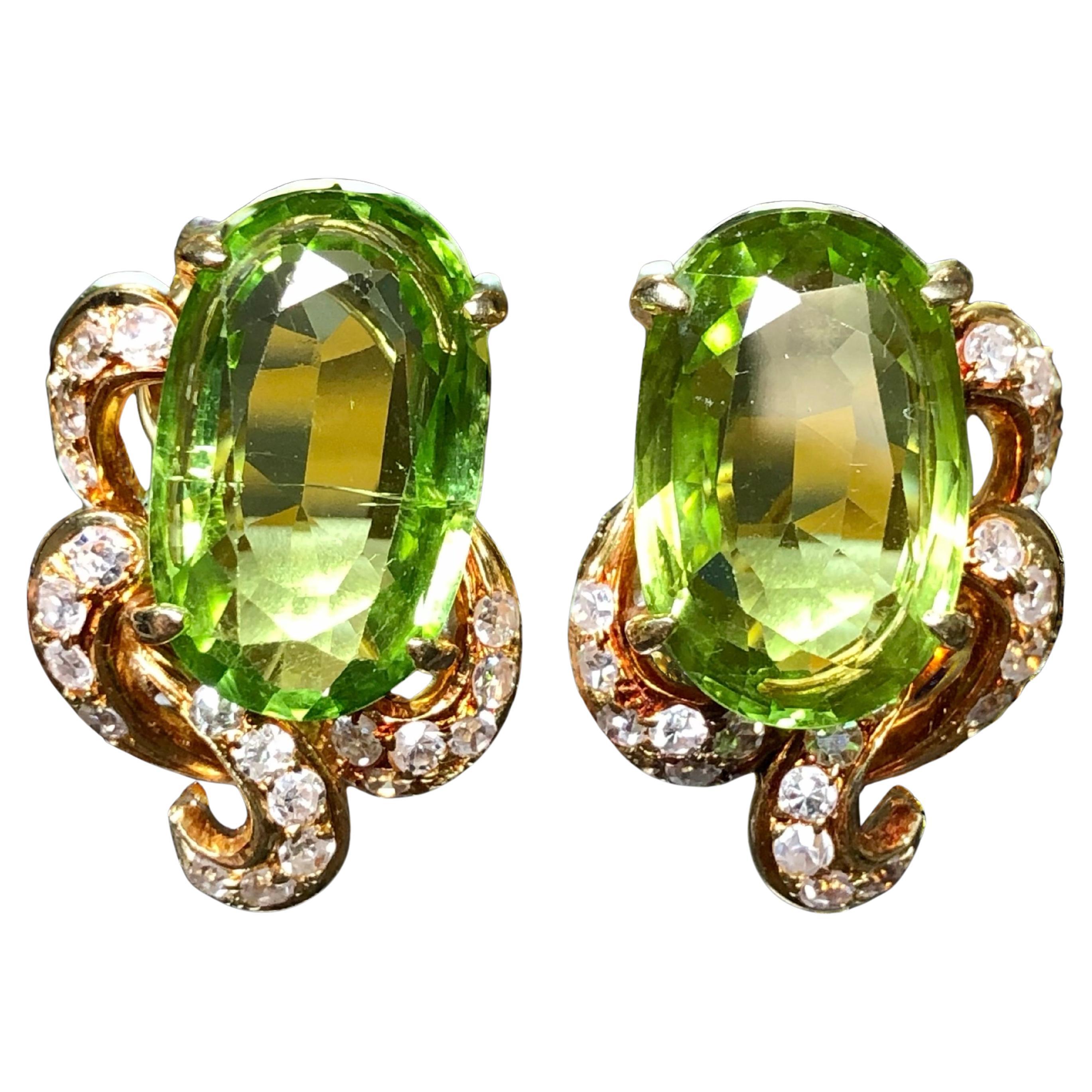 Vintage 1960’s Large Oval Peridot Diamond Huggie Omega Back Earrings 10.40cttw For Sale