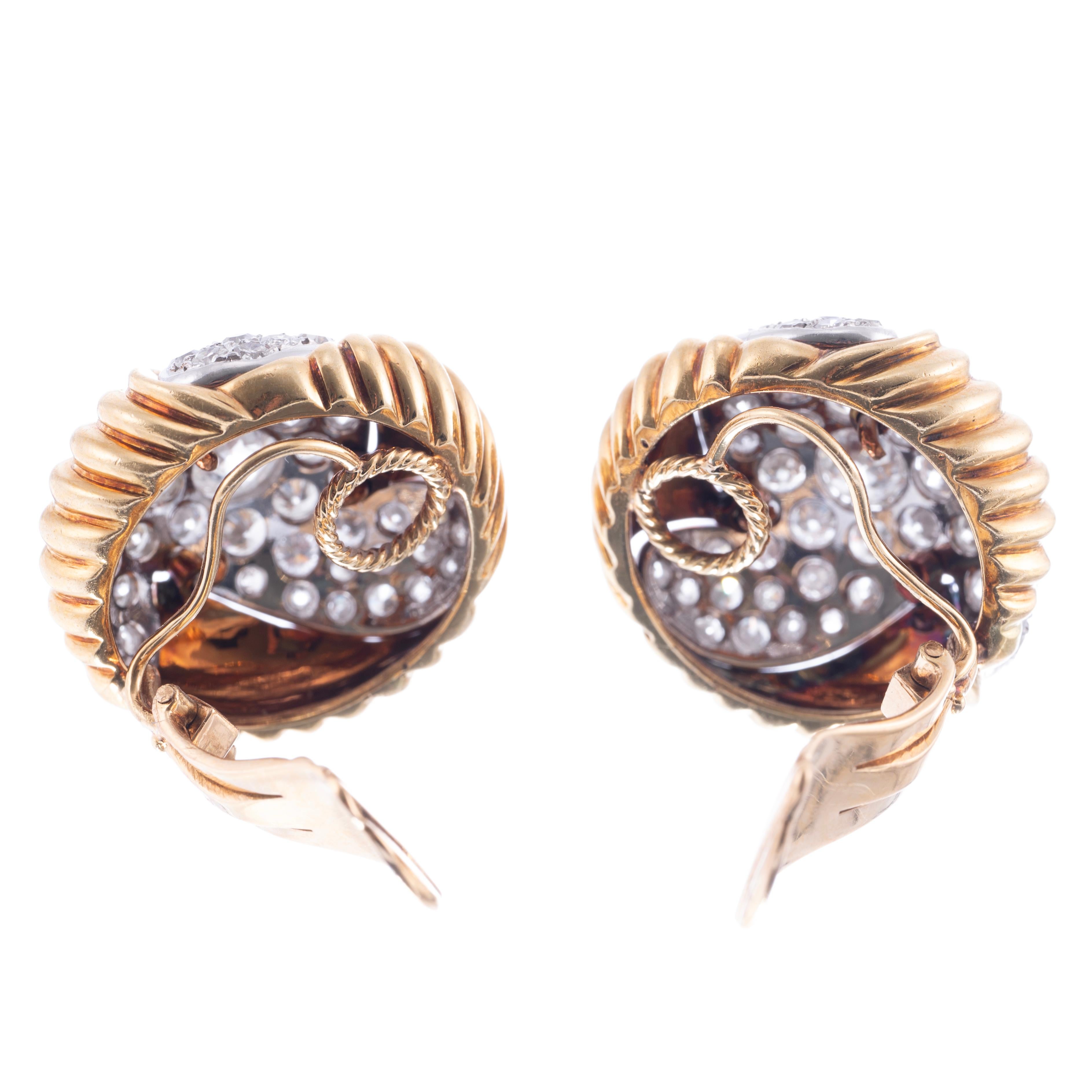 Old European Cut Vintage 1960's Large Pavé Diamond & 18K Yellow Gold Earrings For Sale