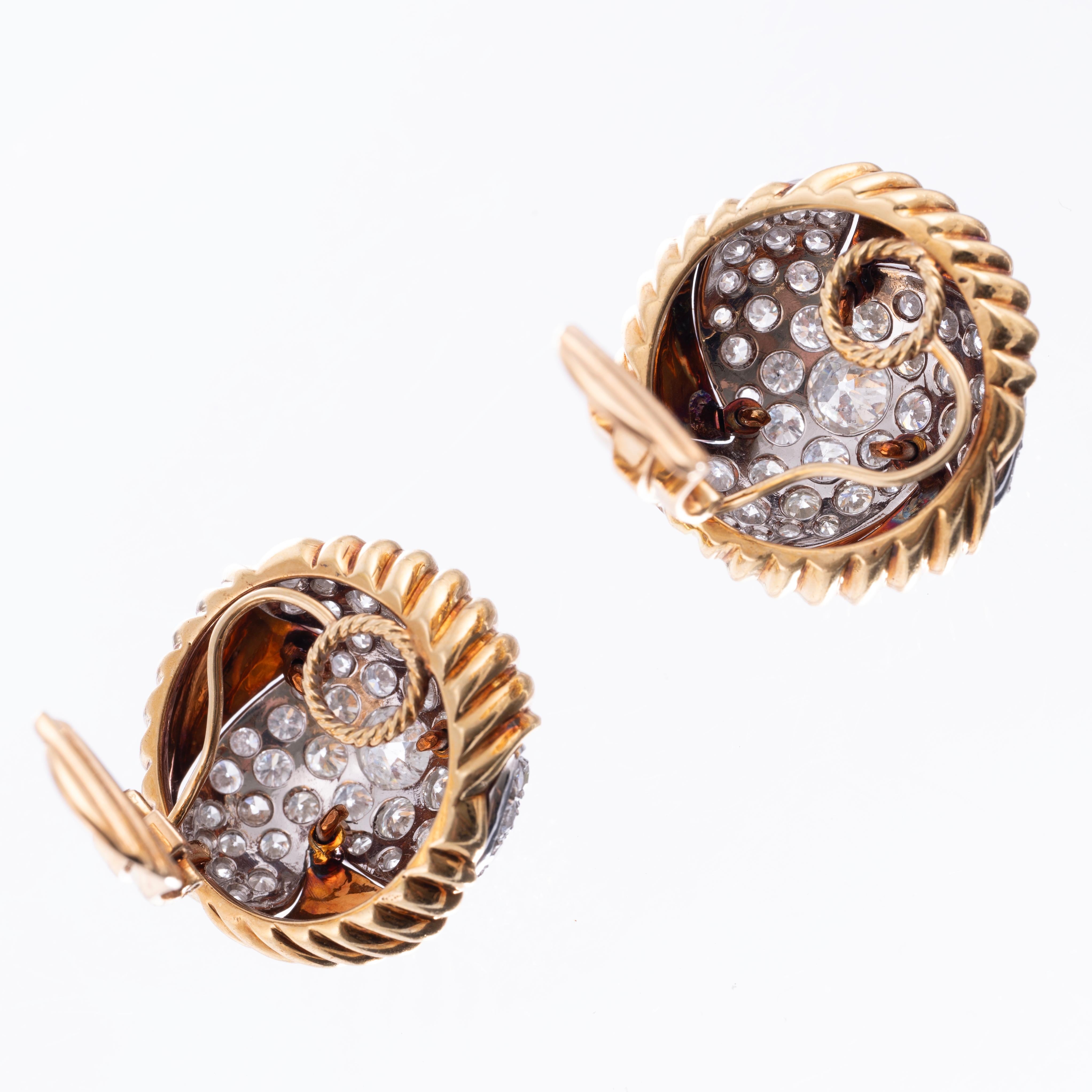 Vintage 1960's Large Pavé Diamond & 18K Yellow Gold Earrings In Excellent Condition For Sale In Carmel-by-the-Sea, CA