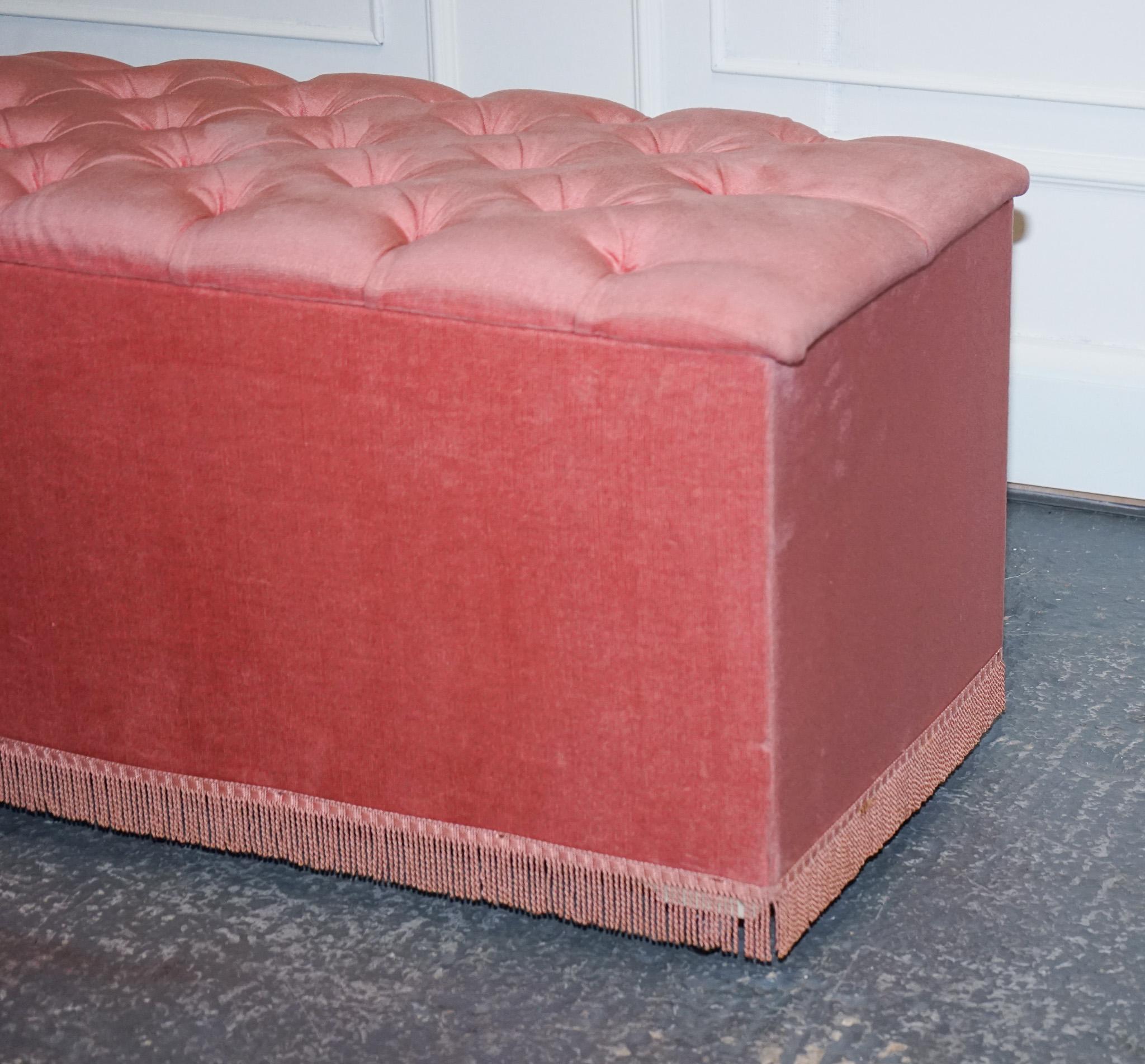 British Vintage 1960s Large Tuffed Ottoman Bed End Storage Chest Box Trunk Fringed For Sale