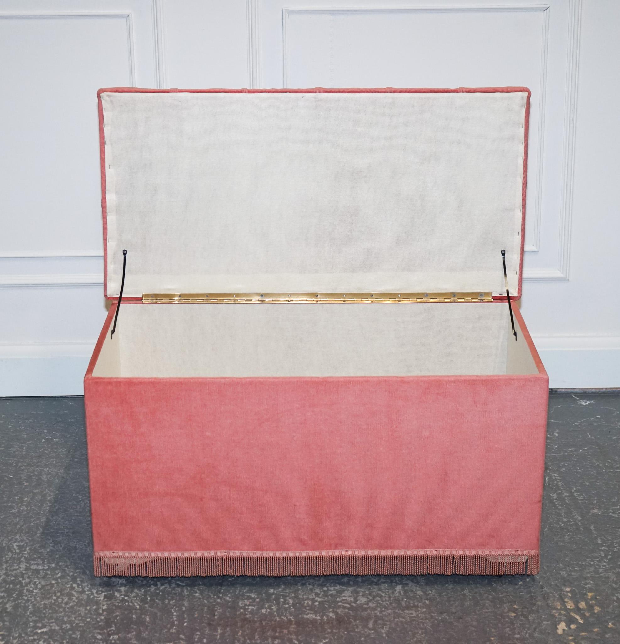 Velvet Vintage 1960s Large Tuffed Ottoman Bed End Storage Chest Box Trunk Fringed For Sale