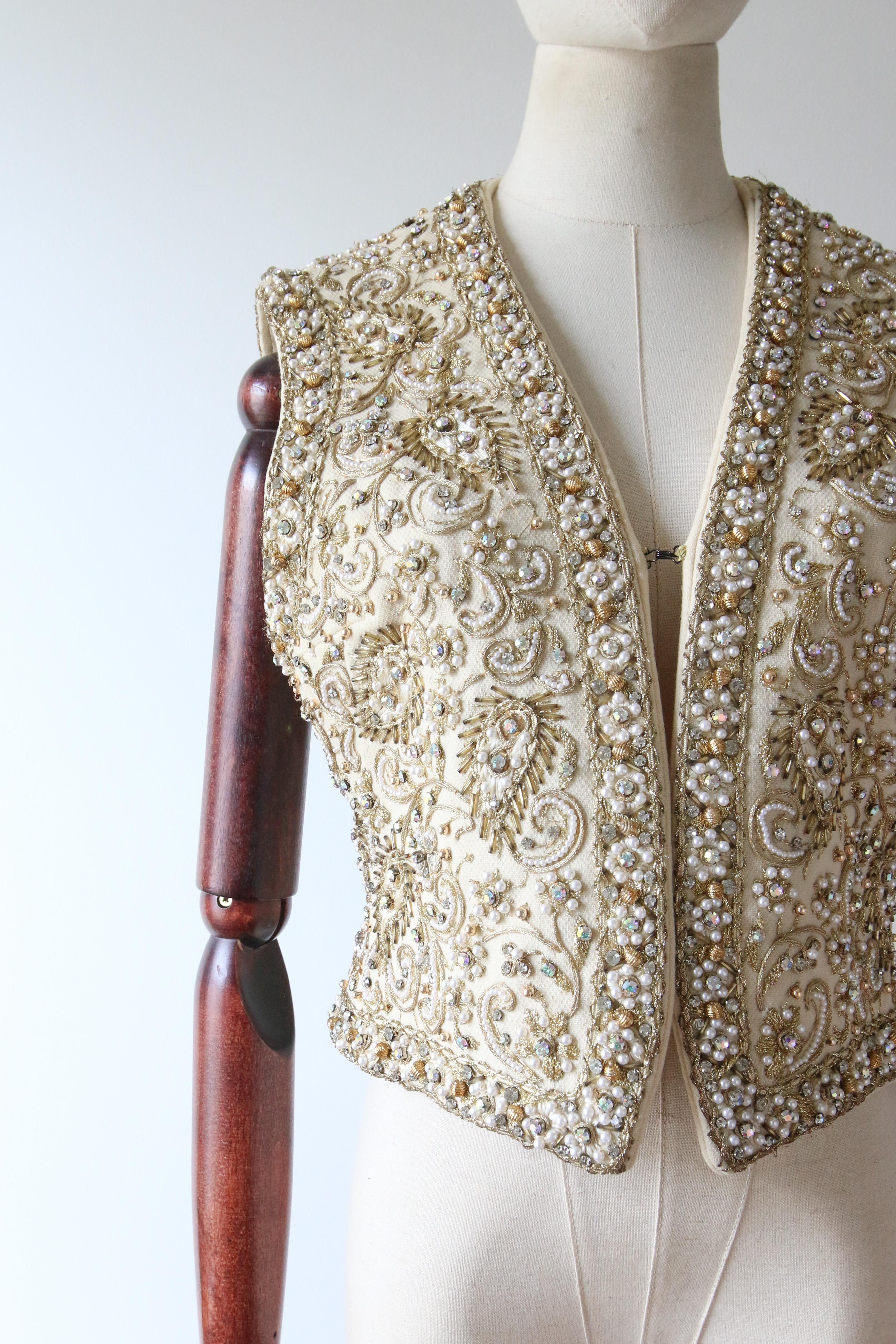 Beige Vintage 1960's Larry Aldrich Marie McCarthy Beaded Embroidered Waistcoat UK 10 For Sale