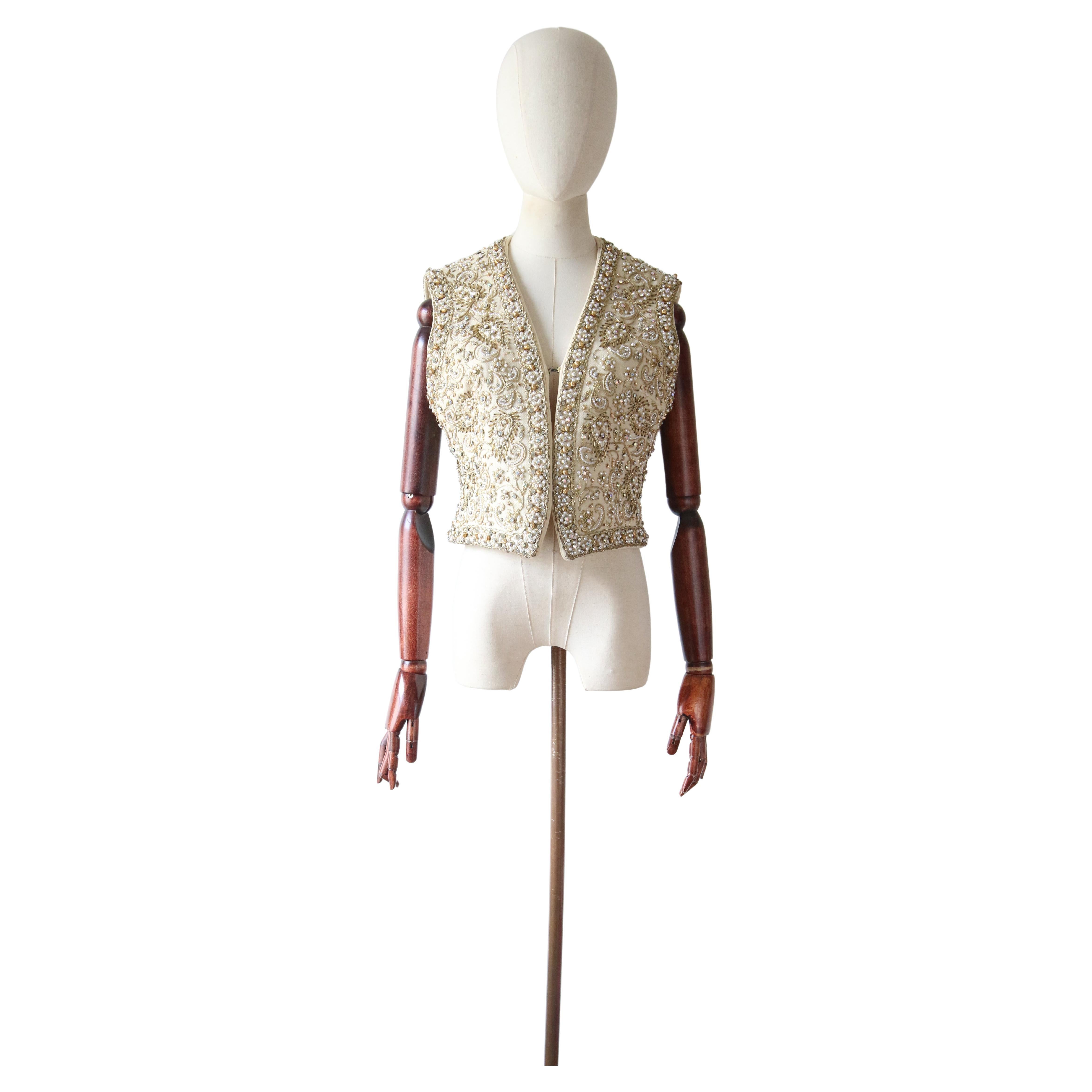 Vintage 1960's Larry Aldrich Marie McCarthy Beaded Embroidered Waistcoat UK 10 For Sale