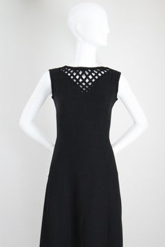 Vintage 1960's Black Shift Dress Lattice Design Neckline Sixties Dress UK 8 US 4