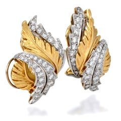 Vintage 1960s Leaf Diamond 18K Two Tone Gold Clip On Earrings