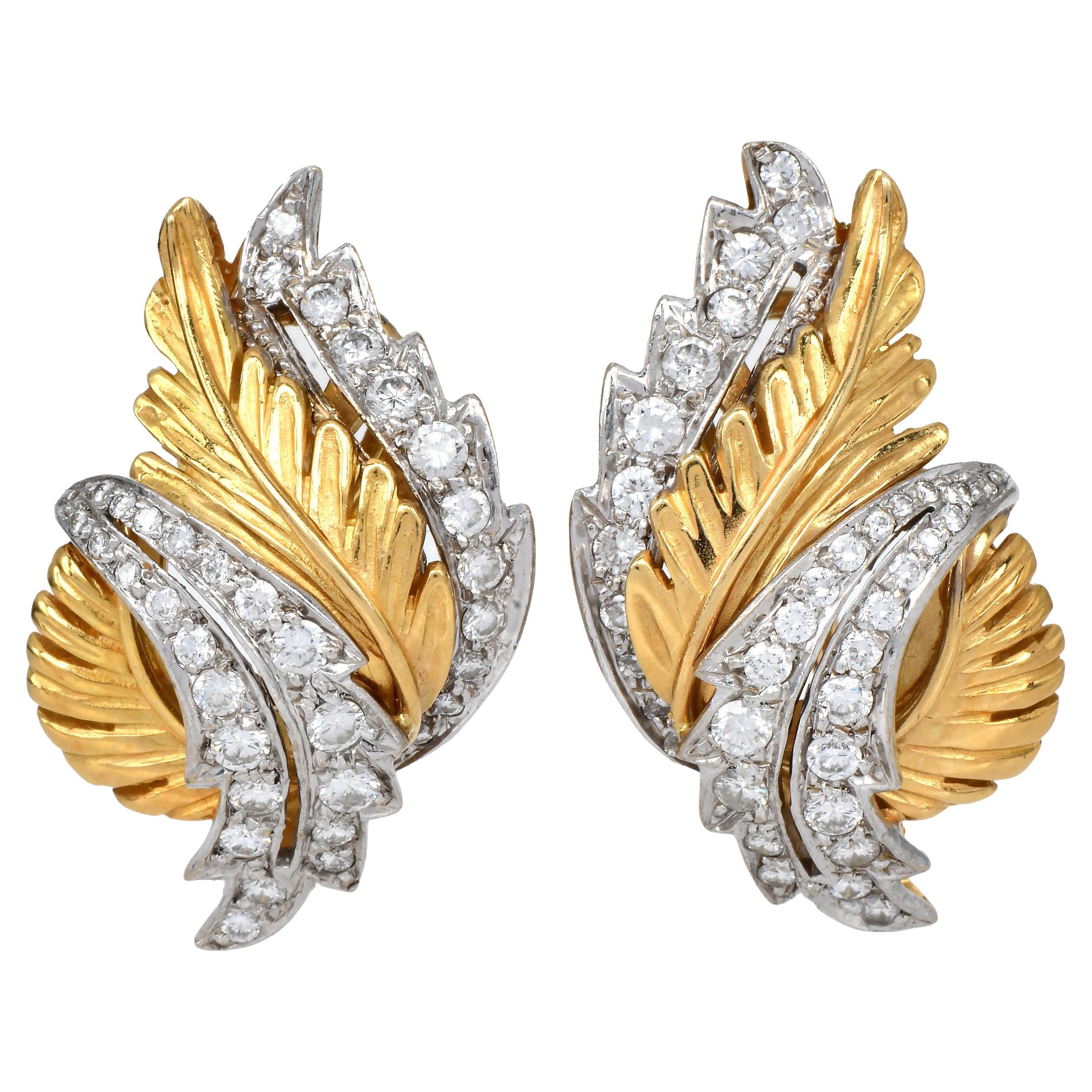 Vintage 1960s Leaf Diamond 18K Two Tone Gold Clip On Earrings