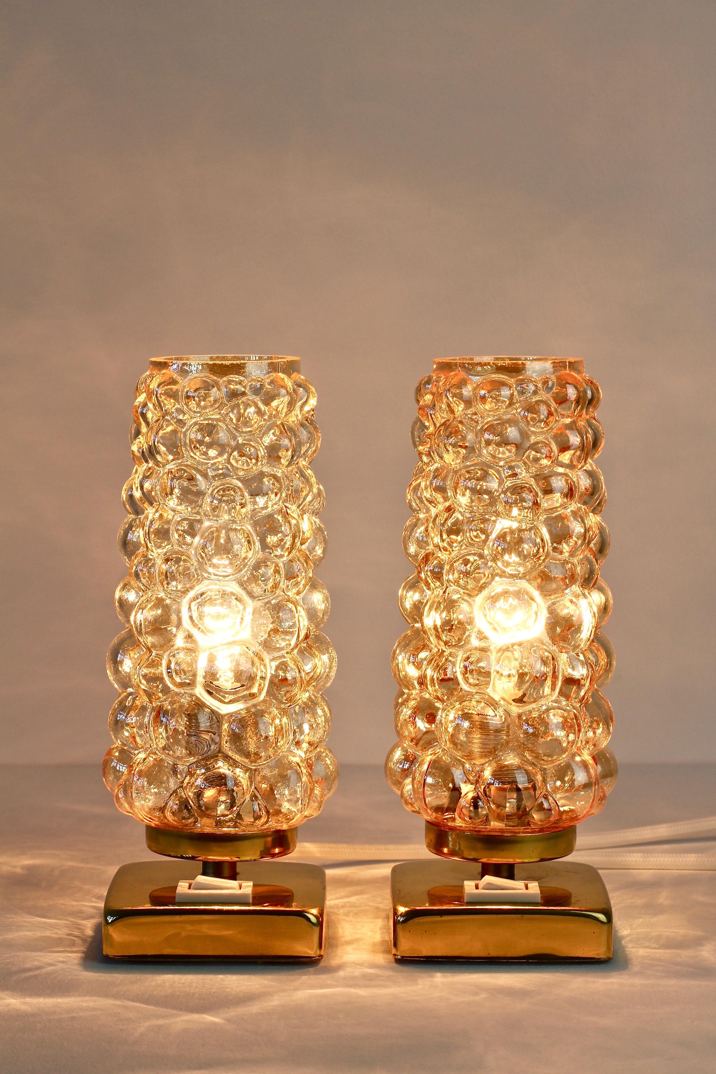 Mid-20th Century Vintage 1960s Limburg Style Amber Bubble Glass and Brass Table Lamps by Teka