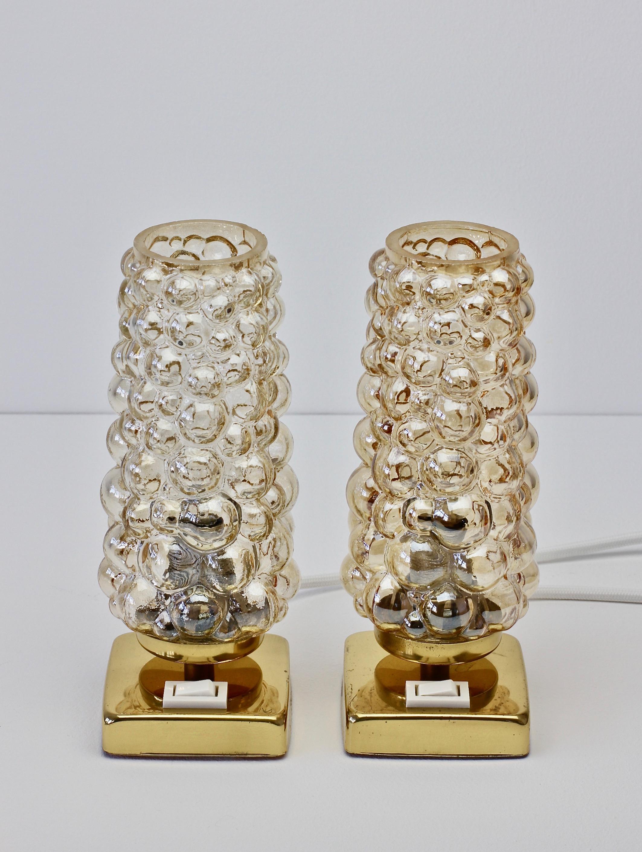Vintage 1960s Limburg Style Amber Bubble Glass and Brass Table Lamps by Teka 1