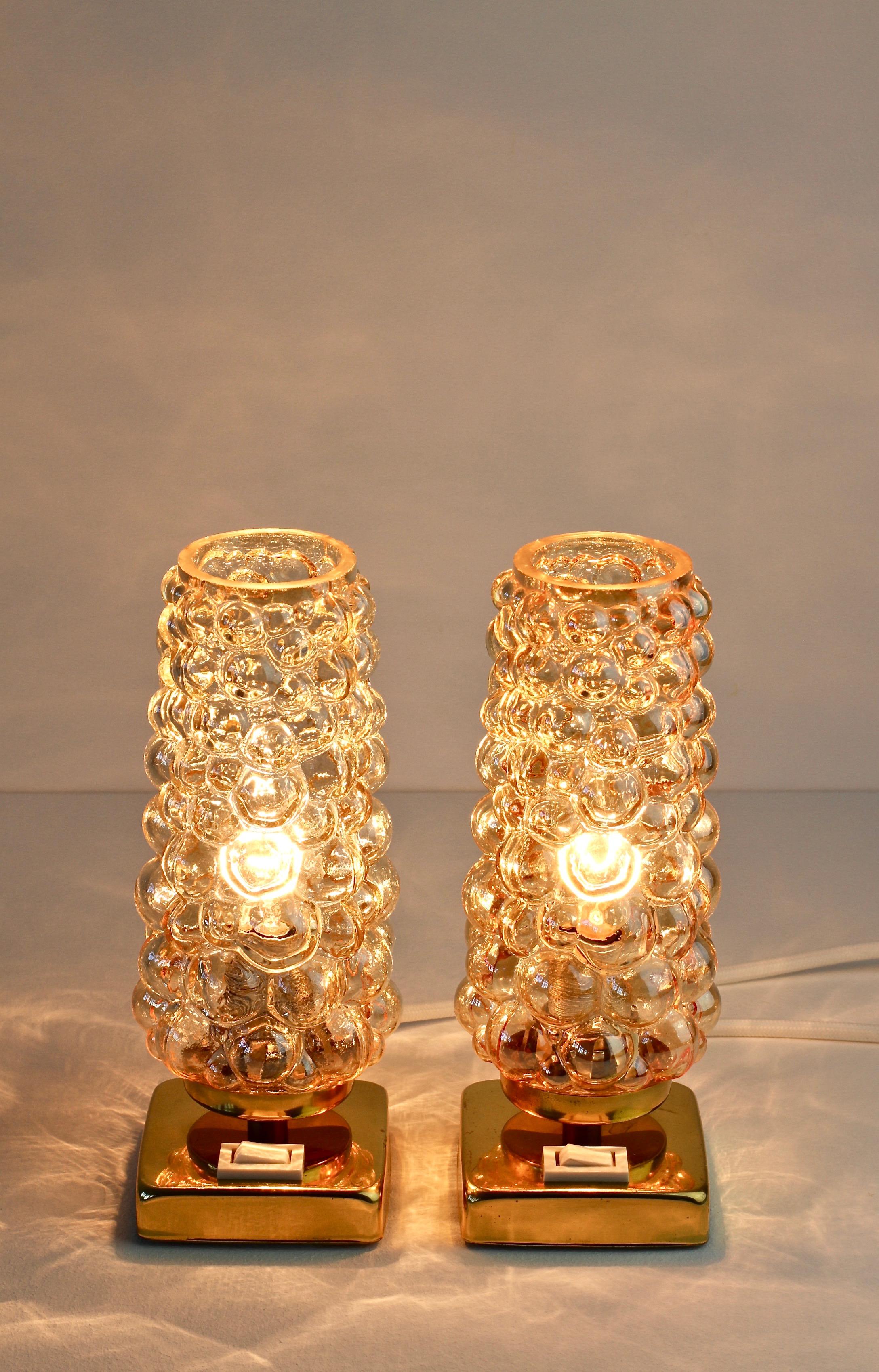 Vintage 1960s Limburg Style Amber Bubble Glass and Brass Table Lamps by Teka 2