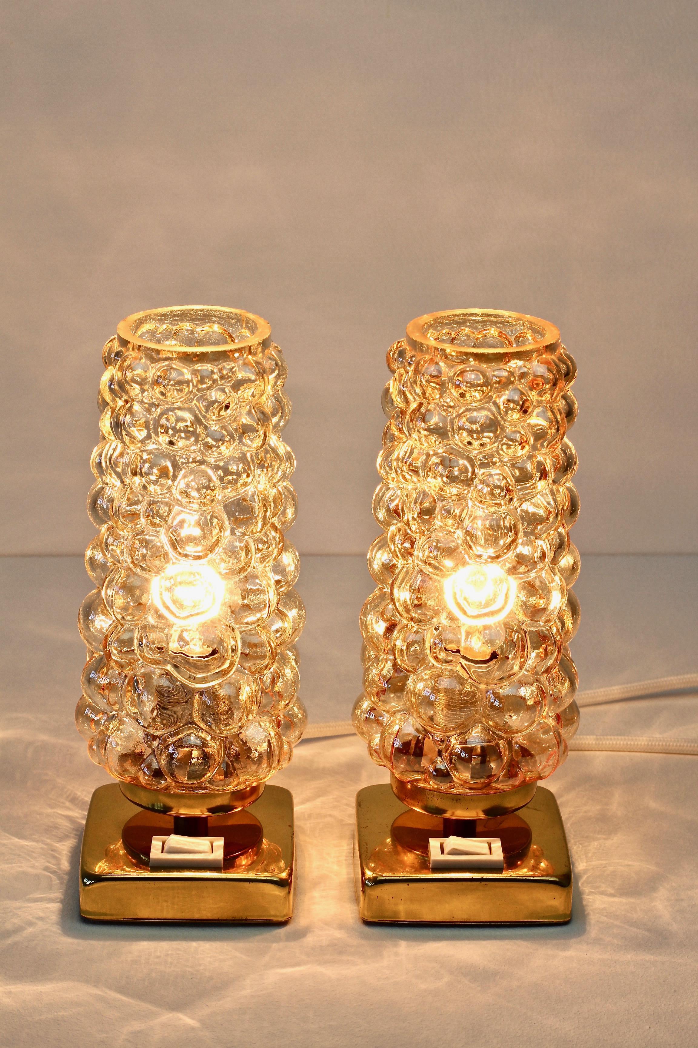 German Vintage 1960s Limburg Style Amber Bubble Glass and Brass Table Lamps by Teka