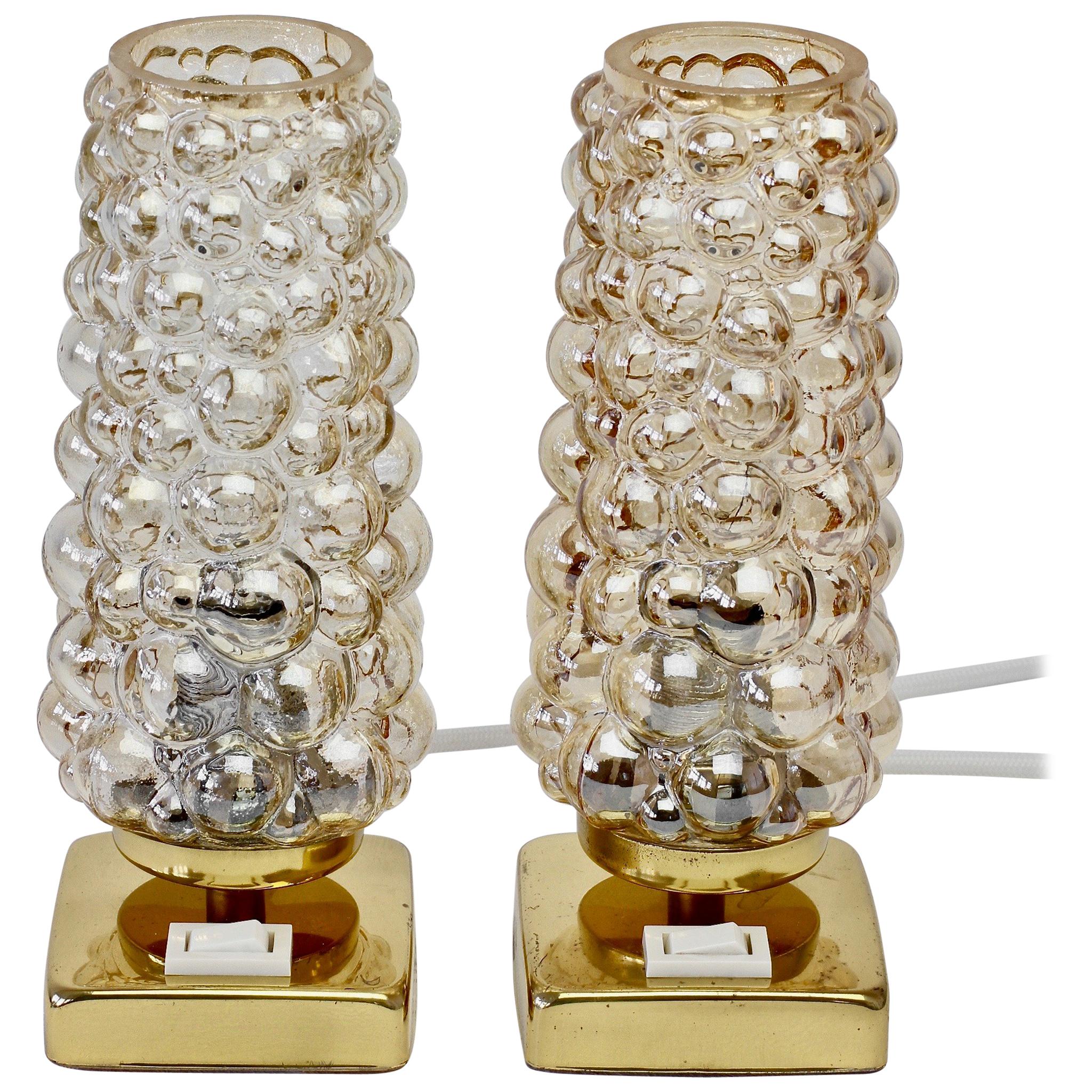 Vintage 1960s Limburg Style Amber Bubble Glass and Brass Table Lamps by Teka