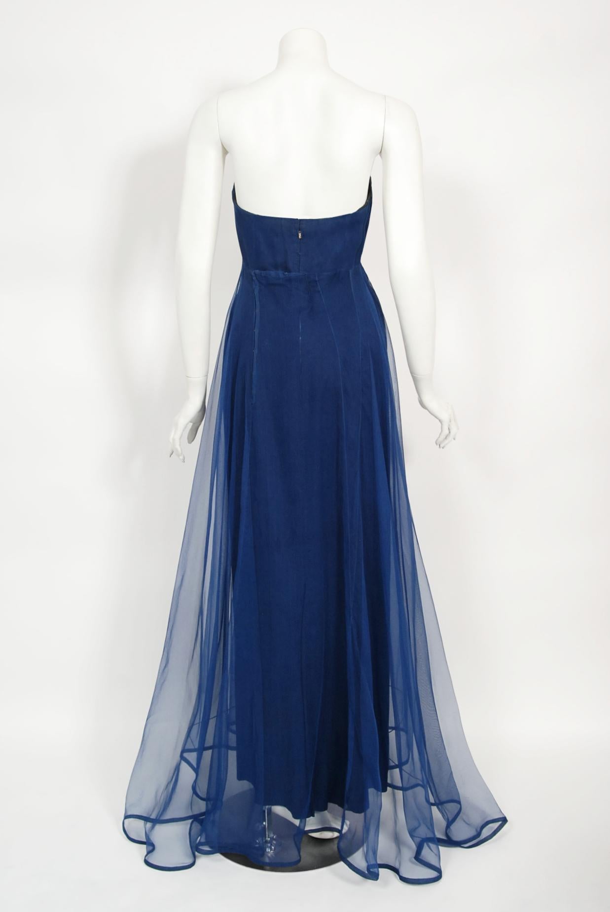 Vintage 1960s Madame Grès Haute Couture Blue Beaded Sheer Silk Trained Gown 6