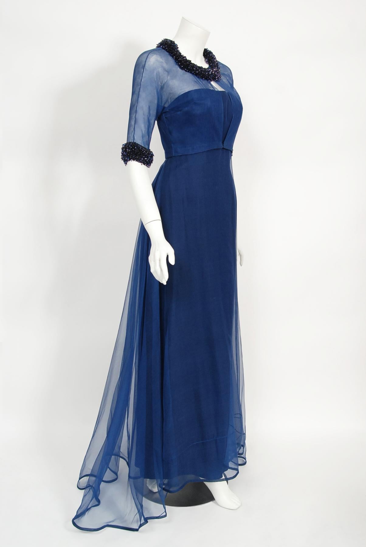 Vintage 1960s Madame Grès Haute Couture Blue Beaded Sheer Silk Trained Gown 7