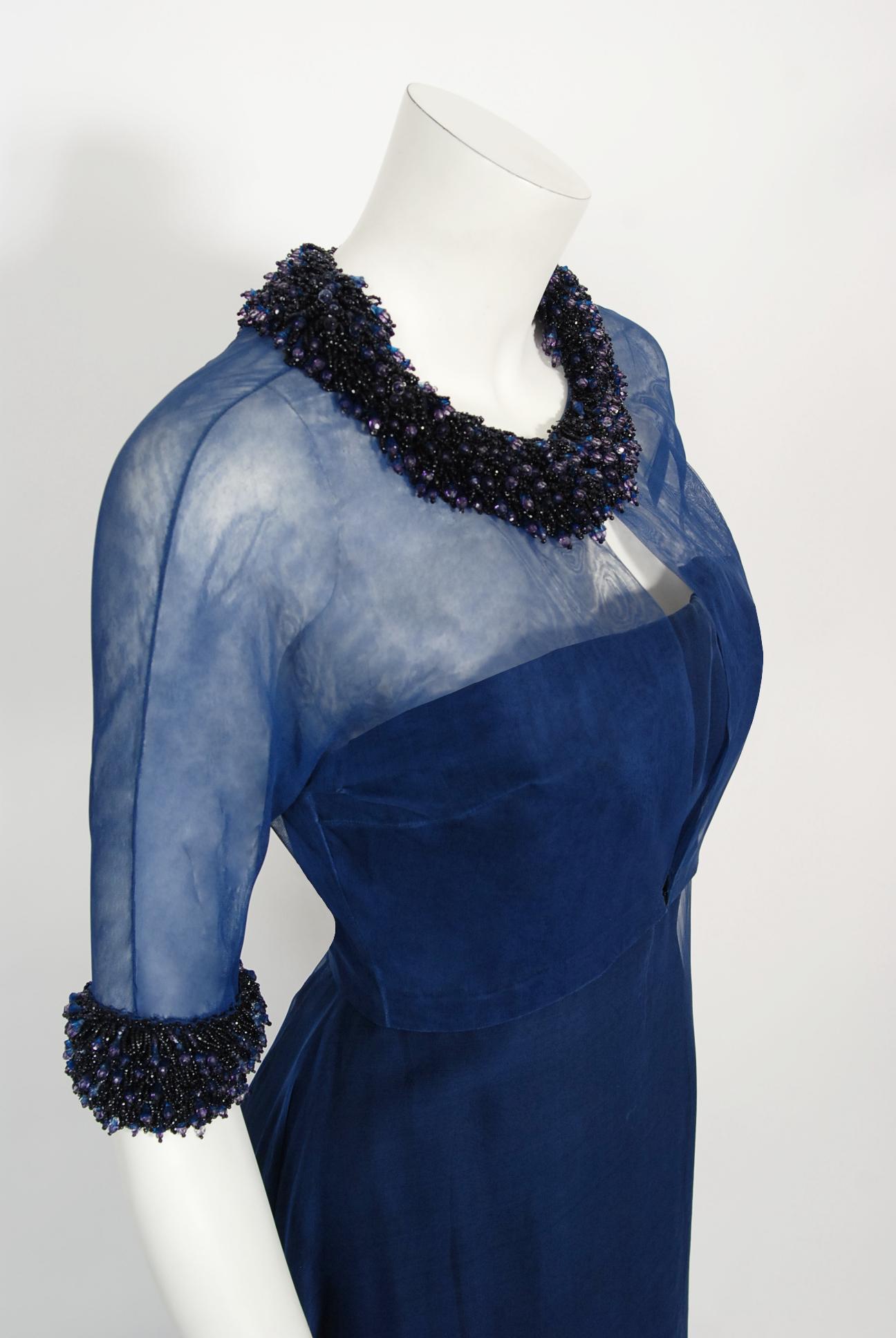 Vintage 1960s Madame Grès Haute Couture Blue Beaded Sheer Silk Trained Gown 8