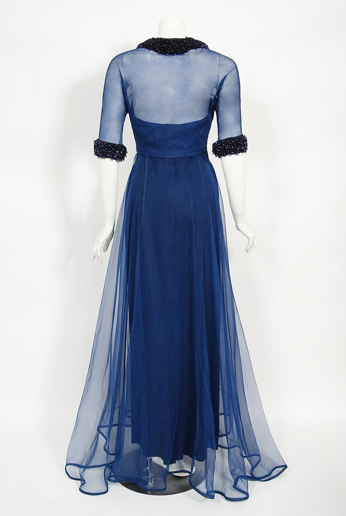 Vintage 1960s Madame Grès Haute Couture Blue Beaded Sheer Silk Trained Gown 9