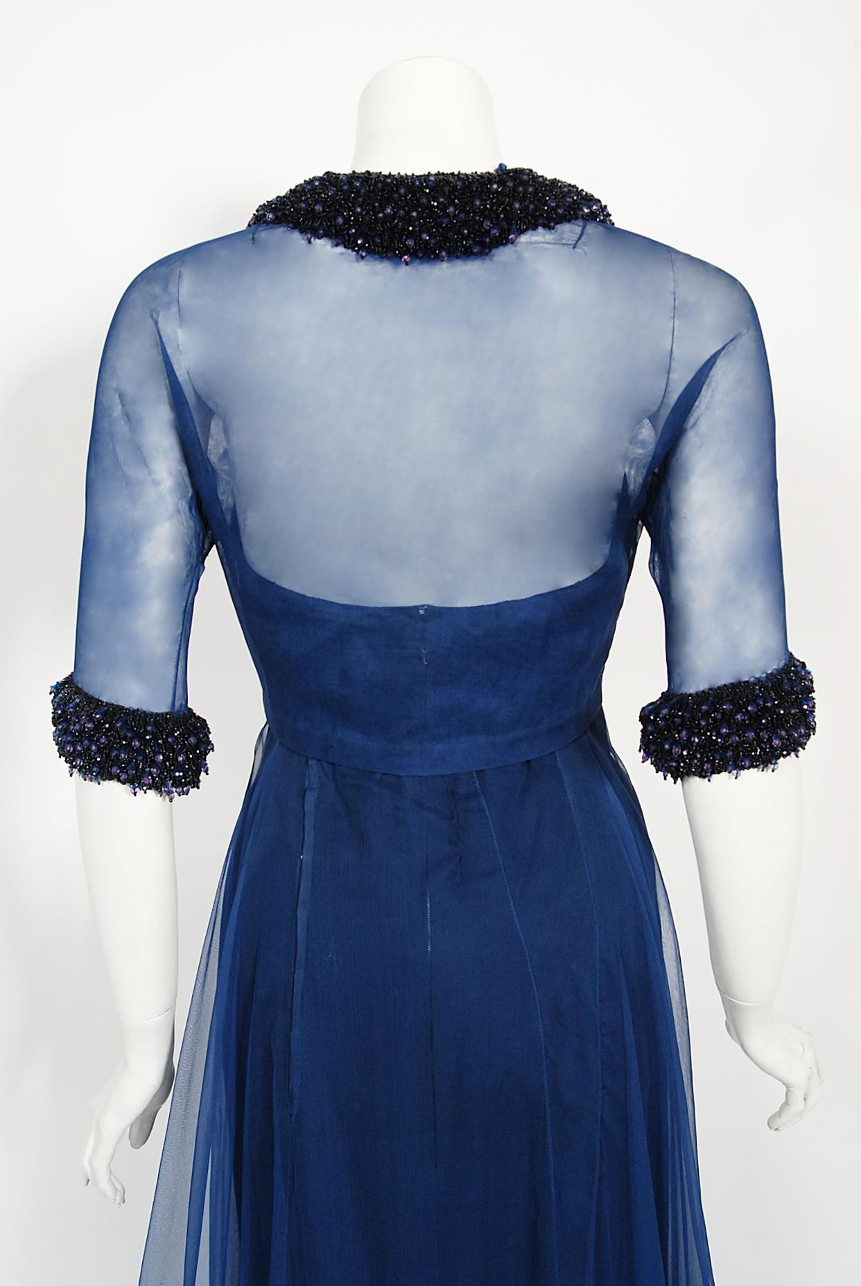 Vintage 1960s Madame Grès Haute Couture Blue Beaded Sheer Silk Trained Gown 10